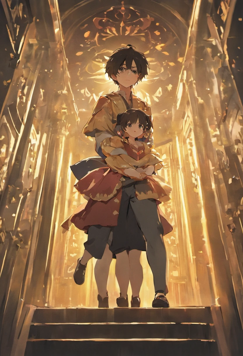 A man rides a little 2-year-old girl on his shoulder, Sunlight shines through the windows, Short black hair, Smile, High detail, Anime style, Ray tracing, Cinematic lighting, Chiaroscuro, symetry, First-person perspective, Man (1.4), Girl (1.2), Smile (1.3), Short black hair (1.2), Best quality, 8K.