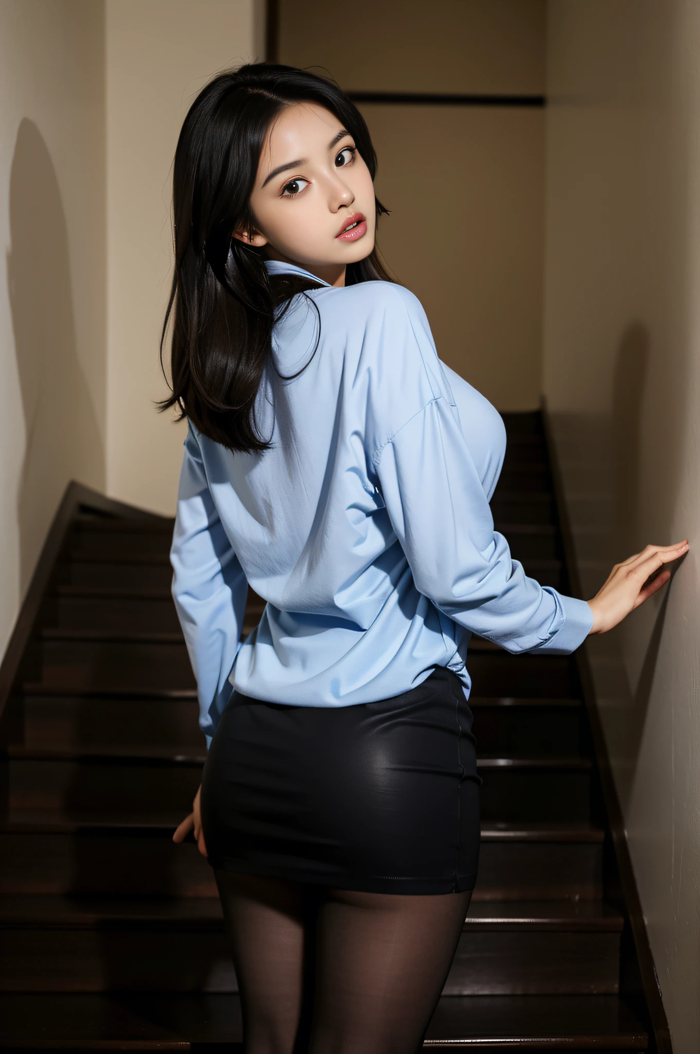 ((masutepiece,Best Quality)),Glossy skin,A dark-haired,waved hair,校服,a miniskirt,black pantyhose,NOWAI,large full breasts,Very cute eyes with your back turned,1 shot,open open mouth,Looking down at the viewer,Climbing stairs,Turn around at the top of the stairs,Viewed from diagonally below