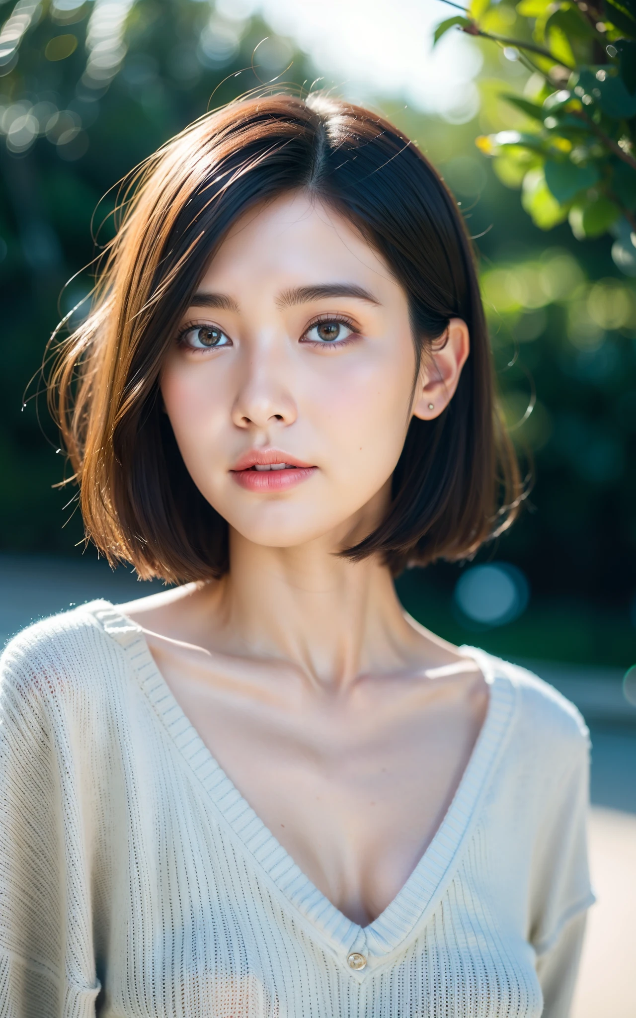 masterpiece, Best Quality, 8K, 1girl, Correct human hands, correct human fingers, japanese girl, face closeup, Cute, Girly, Delicate girl, Neat and clean beauty, medium breast, luminescence, Looking away, Raw photo, F/1.8, 135 mm, NIKON, Anatomically correct, bokeh,Textured skin, Professional Photography, Portrait, Soft light, Professional Lighting, back light, Film grain, (Eyes and faces with detailed:1.0), brown hair, short hair swaying in the wind, sweater