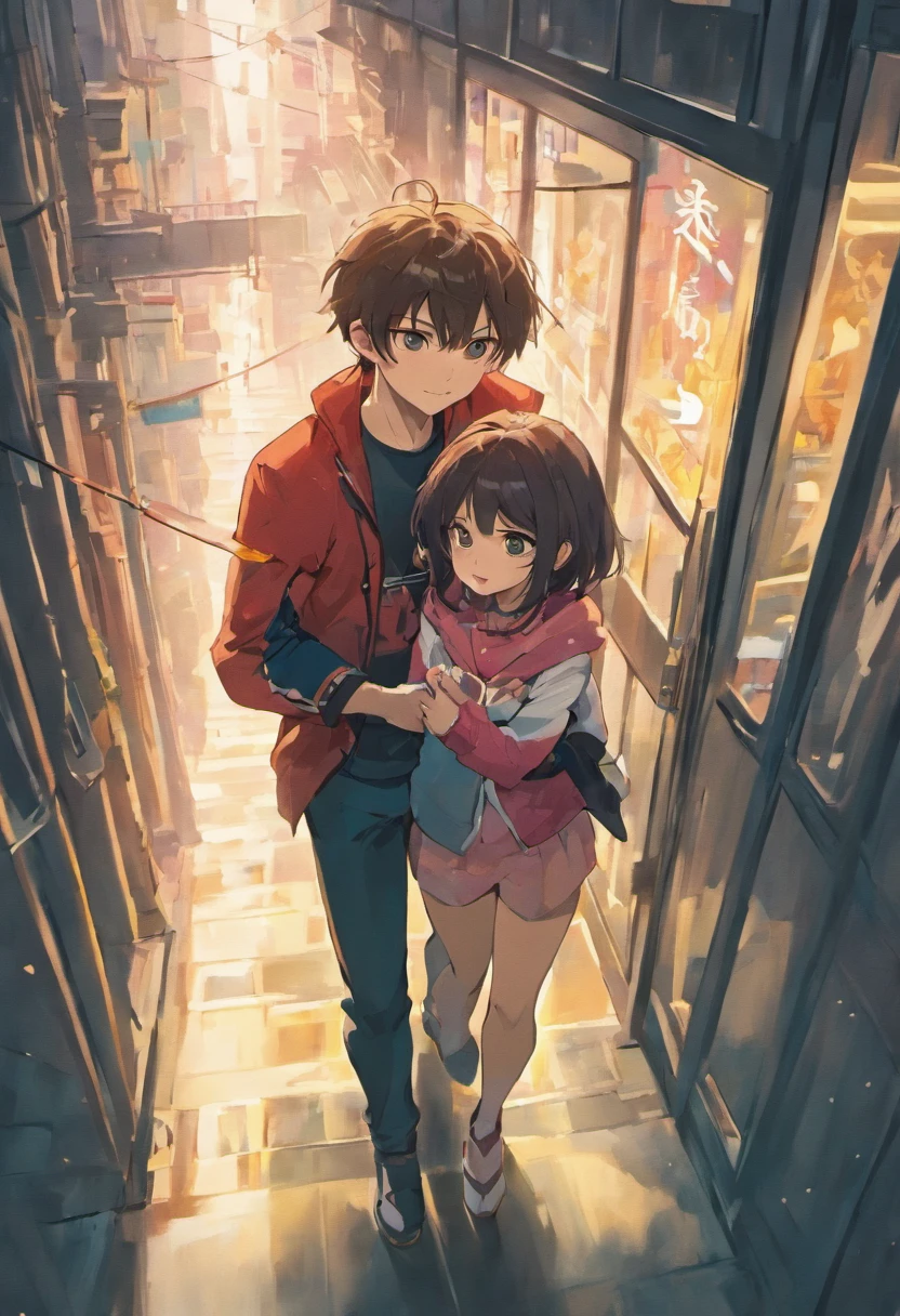 A man rides a little 2-year-old girl on his shoulder, Sunlight shines through the windows, Short black hair, Smile, High detail, Anime style, Ray tracing, Cinematic lighting, Chiaroscuro, symetry, First-person perspective, Man (1.4), Girl (1.2), Smile (1.3), Short black hair (1.2), Best quality, 8K.