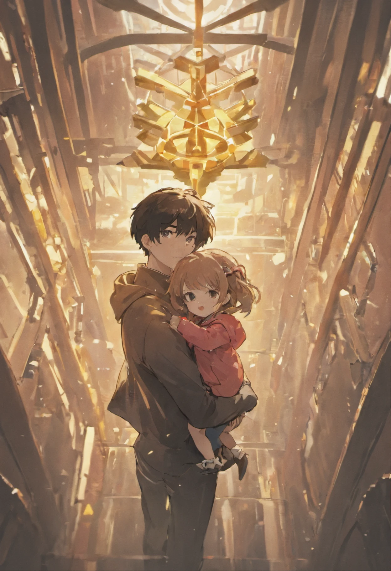 A man rides a little 2-year-old girl on his shoulder, Sunlight shines through the windows, Short black hair, Smile, High detail, Anime style, Ray tracing, Cinematic lighting, Chiaroscuro, symetry, First-person perspective, Man (1.4), Girl (1.2), Smile (1.3), Short black hair (1.2), Best quality, 8K.