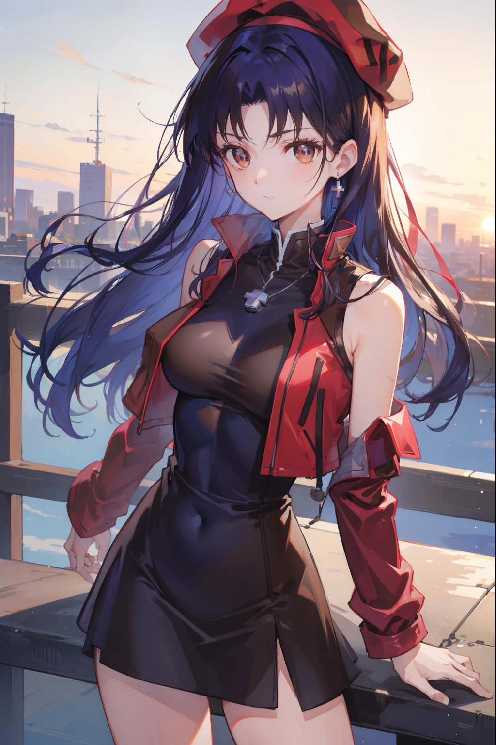 misatokatsuragi, misato katsuragi, long hair, (brown eyes:1.5), blue hair, purple hair,
BREAK hat, dress, bare shoulders, jewelry, jacket, earrings, open clothes, sleeveless, necklace, black dress, open jacket, sleeveless dress, beret, short dress, cross, red headwear, red jacket, cross necklace,
BREAK looking at viewer,
BREAK outdoors, city,
BREAK (masterpiece:1.2), best quality, high resolution, unity 8k wallpaper, (illustration:0.8), (beautiful detailed eyes:1.6), extremely detailed face, perfect lighting, extremely detailed CG, (perfect hands, perfect anatomy),
