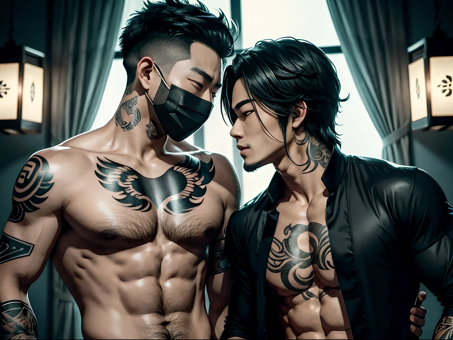 Two oriental men, Boyfriend,Gay, In the fun, roleplaying, Play as a sexy bandit,Kim Sejia's anime eyes, Shin Jung-ho's anime eyeman, A mask（black in color）!!, Kiss!!,Head closed, The eyes are spoiled, Oriental lanterns, body defined, Beautiful, Oriental, Realistic, Cinematic, High quality, 16k, Best quality, High details, Super detail, Tattoos, upper body photos, The pants are a little revealing