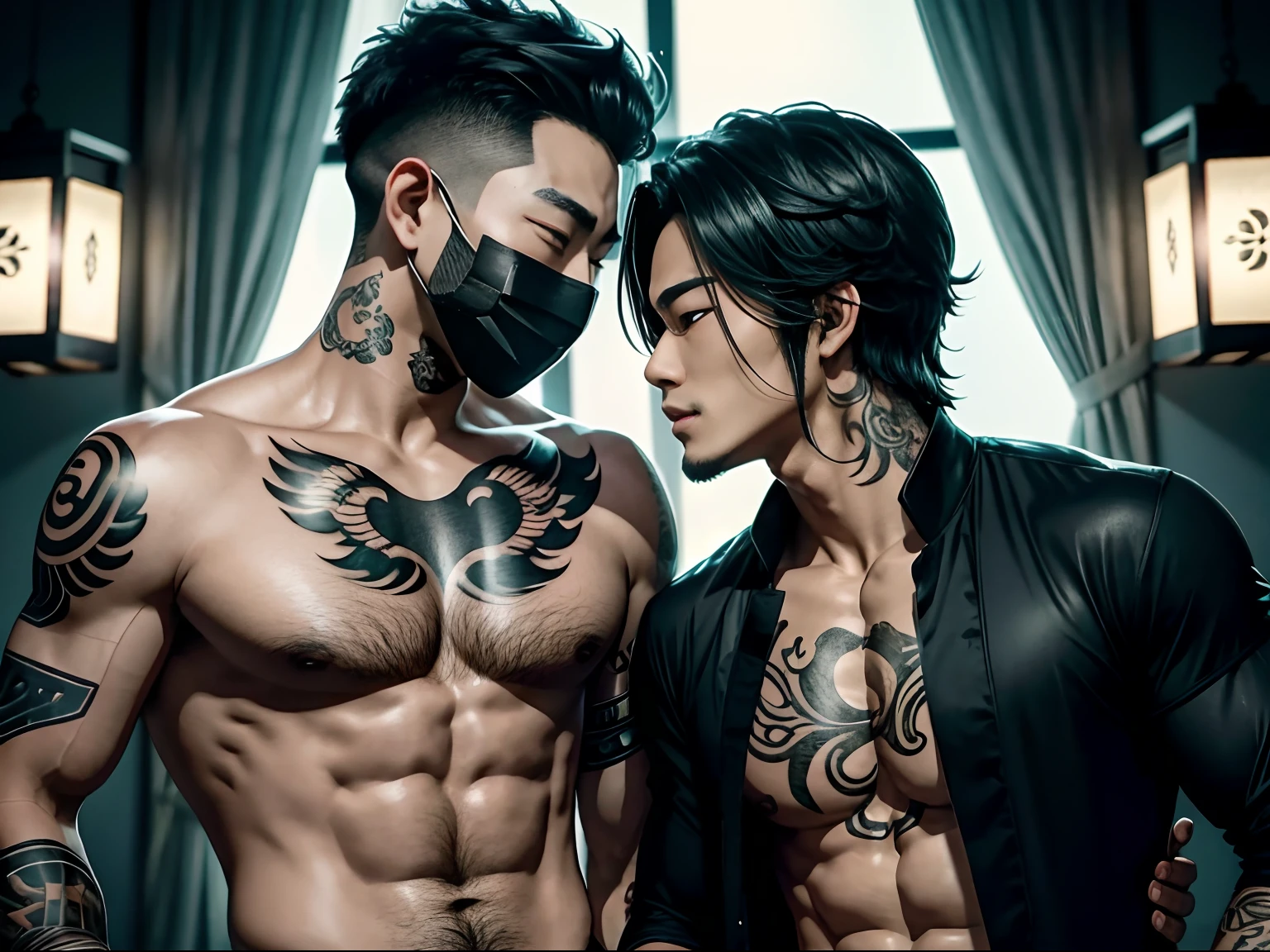 Two oriental men, Boyfriend,Gay, In the fun, roleplaying, Play as a sexy bandit,Kim Sejia's anime eyes, Shin Jung-ho's anime eyeman, A mask(black in color)!!, Kiss!!,Head closed, The eyes are spoiled, Oriental lanterns, body defined, Beautiful, Oriental, Realistic, Cinematic, High quality, 16k, Best quality, High details, Super detail, Tattoos, upper body photos, The pants are a little revealing