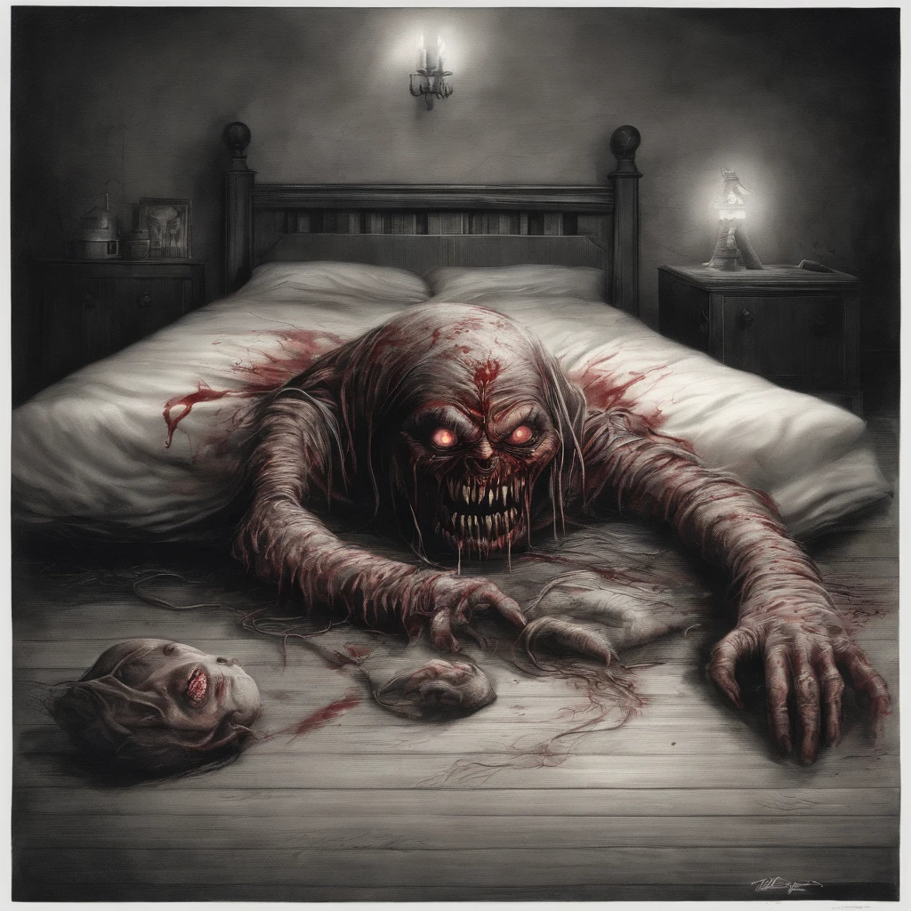 there is a creepy creature that is laying on the floor, the monster under the bed, sleep paralysis monster,dark red moon dark drawing 1945 child extermination blood eyes