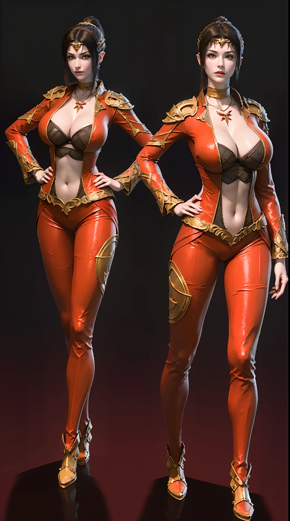 A MATURE WOMAN, 1GIRL, PONYTAIL, HUGE FAKE BOOBS, (BEAUTIFUL FACE), RED KNIGHT ARMOR BODY, GLOVE, BREASTSPLATE, OPEN JACKET, (CLEAVAGE), (SKINTIGHT YOGA PANTS), (KNIGHT BOOTS), (PERFECT BODY:1.2), (FULL BODY VIEW), LOOKING AT VIEWER, (STANDING:1), MUSCLE ABS, UHD, 8K, 1080P.