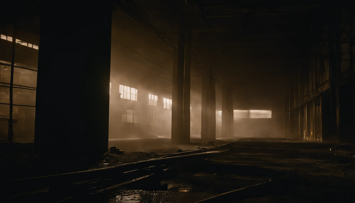 photo-realistic,Dimly lit,Inside an abandoned industrial plant at night,Narrow and long passage,Abandoned atmosphere,Industrial exhaust gases,Less pipes and some abandoned equipment,Water-reflective flooring,Unstable debris.The screen lighting is dim,Bright lighting is not required,The entire image is as dark as possible without distortion,No windows,There is only 1 light source in the entire image,The image angle is 2 meters above the ground, and the viewing angle is 30 degrees down