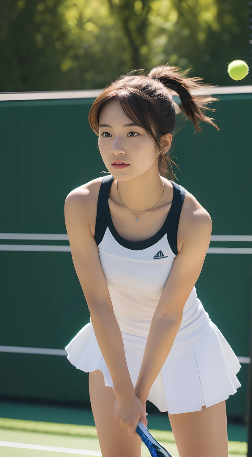 Mint colored tennis wear、tennis racket、Tennis ball、Tennis court、(Highest quality)、((Very detailed))、4K、(8K)、masterpiece、Very detailedな、Highest quality、Super Resolution、1 person、Kind Face、Soft Light、RAW quality、Soft Skin、163cm、30 years old、Thighs、Swing