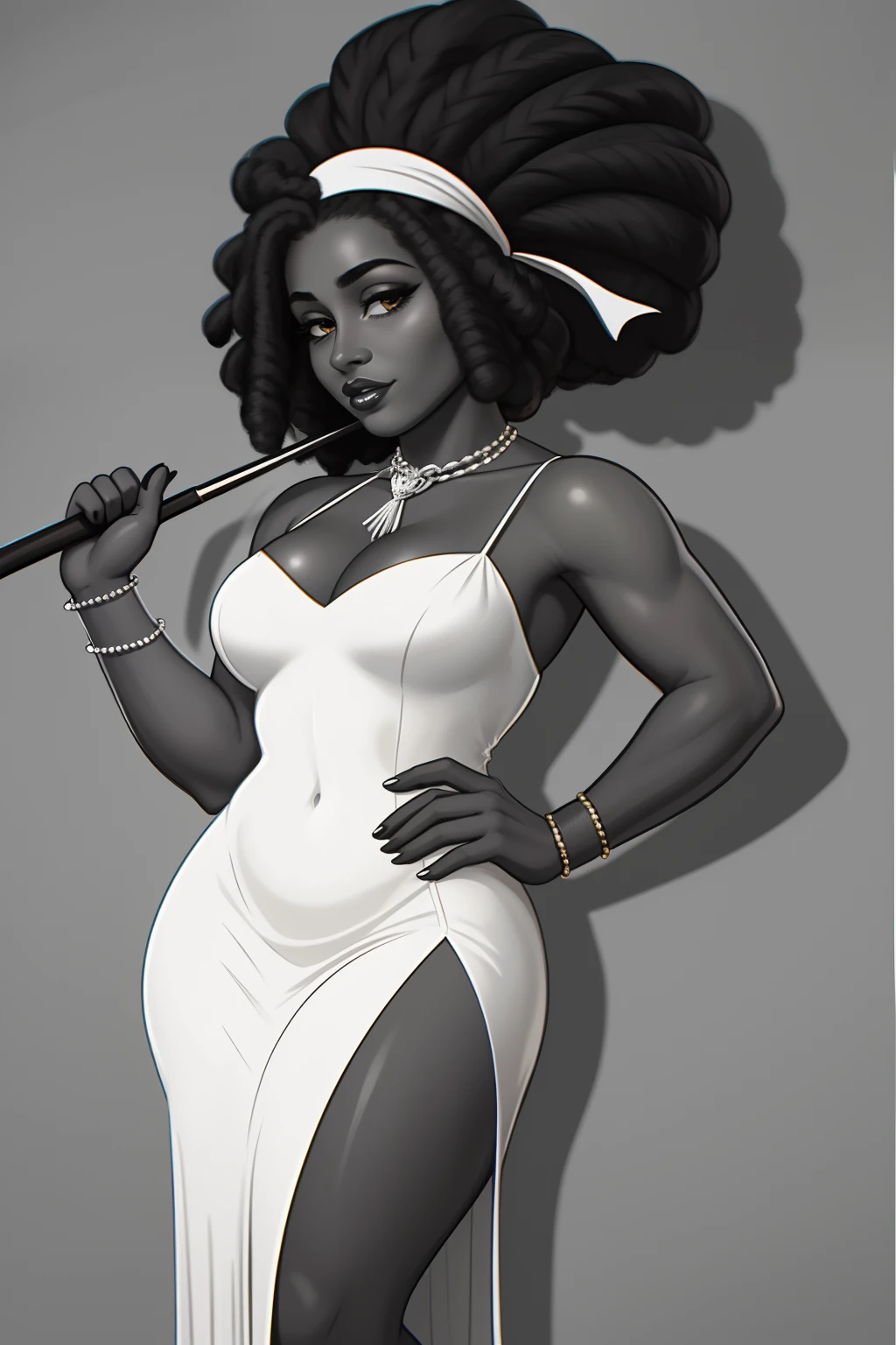 Araffe's wife in a flappper costume holding a wand and wearing a headband, melindrosa, Anos 20, fantasia, Traje de alta qualidade, rugindo vinte anos, 1920s vibes, 1 9 2 0 s estilo pano, Era do Jazz, saia preta curta, 1 9 2 0 s estilo, Estilo dos anos 1920 uma mulher negra, mulata, Morena, imagem de ,corpo inteiro, cabelo afro caindo para a frente, Rasta type but braided,com o corpo perfeito de corpo inteiro lindo seios perfeito, BEAUTIFUL PERFECT LIPS, perfect hands beautiful image beautiful beauty mayor,(mulheres, s, feminino, , Big grande, bonita de corpo inteiro, vinte anos, 1920s vibes, 1 9 2 0 s estilo pano, Era do Jazz, saia preta curta, 1 9 2 0 s estilo, Estilo dos anos 1920 Uma mulher negra, mulata, Morena, lindos seios uma coxa larga e fina perfeita tudo nela perfeita, realista Uma mulher negra, mulata, Morena, imagem de ,corpo inteiro, cabelo afro caindo para a frente, Rasta type but braided, com o corpo perfeito de corpo inteiro lindo seios perfeito, BEAUTIFUL PERFECT LIPS, perfect hands beautiful image beautiful beauty mayor,