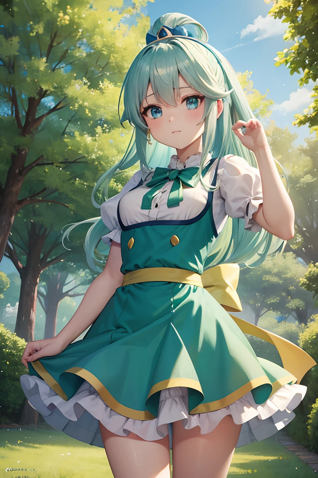 ​masterpiece, top-quality, Princess_aqua_Konosuba, Yellow and green dresses, blue eyes, blue hairs, standingn, (borgar: 1.1), hold the skirt, ​​clouds, Trees