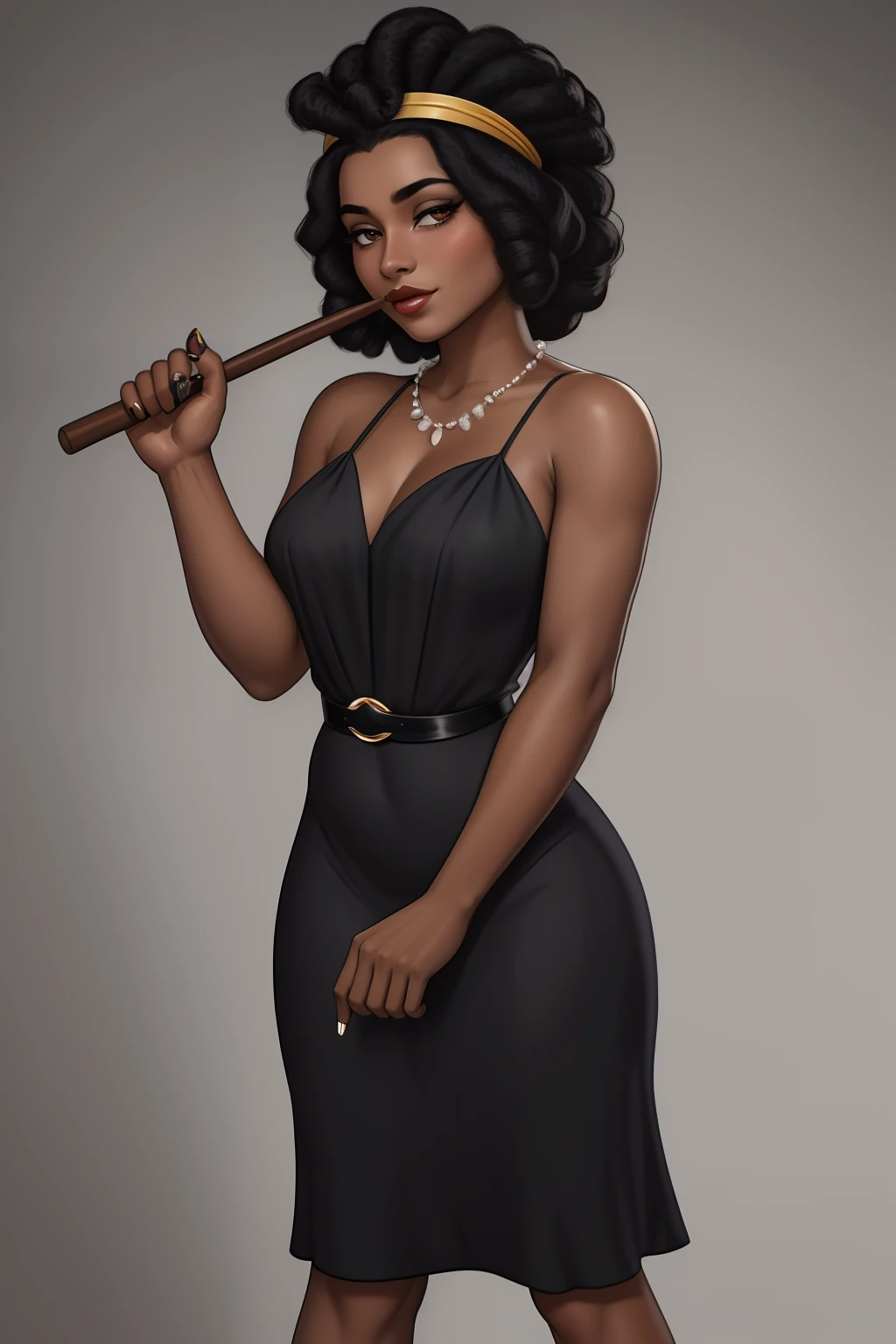 Araffe's wife in a flappper costume holding a wand and wearing a headband, melindrosa, Anos 20, fantasia, Traje de alta qualidade, rugindo vinte anos, 1920s vibes, 1 9 2 0 s estilo pano, Era do Jazz, saia preta curta, 1 9 2 0 s estilo, Estilo dos anos 1920   uma mulher negra, mulata, Morena,  imagem de ,corpo inteiro, cabelo afro caindo para a frente, Rasta type but braided,com o corpo perfeito de corpo inteiro lindo seios perfeito, BEAUTIFUL PERFECT LIPS, perfect hands beautiful image beautiful beauty mayor,(mulheres, ******s, feminino, , Big grande, bonita de corpo inteiro, vinte anos, 1920s vibes, 1 9 2 0 s estilo pano, Era do Jazz, saia preta curta, 1 9 2 0 s estilo, Estilo dos anos 1920 Uma mulher negra, mulata, Morena, lindos seios uma coxa larga e fina perfeita tudo nela perfeita, realista Uma mulher negra, mulata, Morena, imagem de ,corpo inteiro, cabelo afro caindo para a frente, Rasta type but braided, com o corpo perfeito de corpo inteiro lindo seios perfeito, BEAUTIFUL PERFECT LIPS, perfect hands beautiful image beautiful beauty mayor,