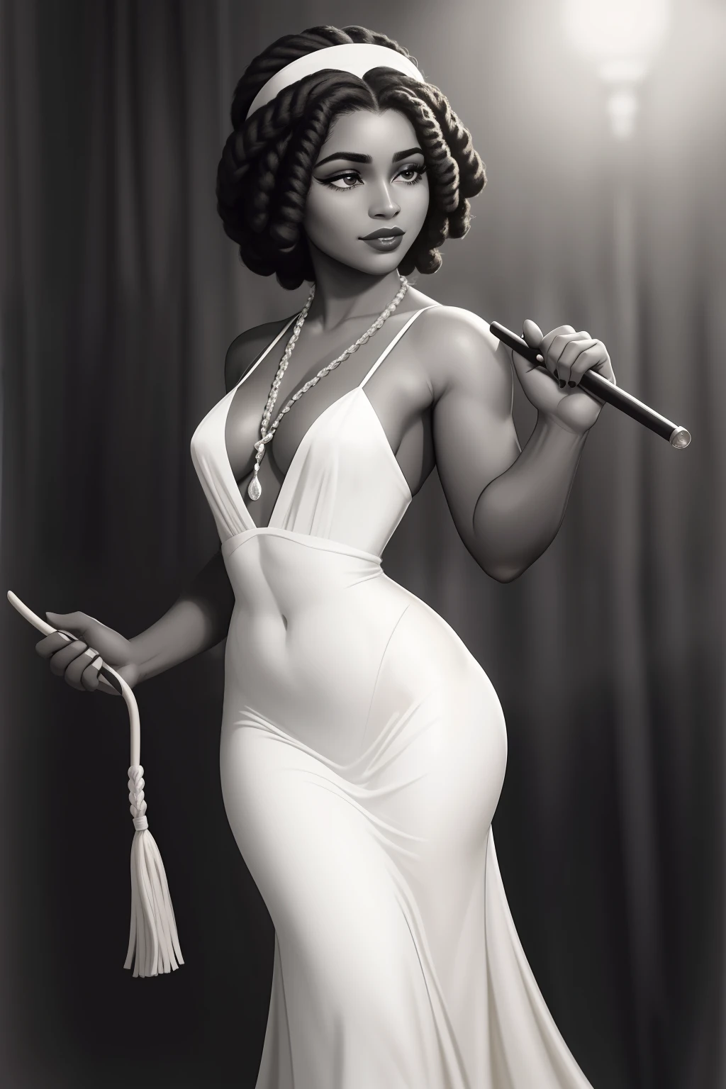 Araffe's wife in a flappper costume holding a wand and wearing a headband, melindrosa, Anos 20, fantasia, Traje de alta qualidade, rugindo vinte anos, 1920s vibes, 1 9 2 0 s estilo pano, Era do Jazz, saia preta curta, 1 9 2 0 s estilo, Estilo dos anos 1920 uma mulher negra, mulata, Morena, imagem de ,corpo inteiro, cabelo afro caindo para a frente, Rasta type but braided,com o corpo perfeito de corpo inteiro lindo seios perfeito, BEAUTIFUL PERFECT LIPS, perfect hands beautiful image beautiful beauty mayor,(mulheres, s, feminino, , Big grande, bonita de corpo inteiro, vinte anos, 1920s vibes, 1 9 2 0 s estilo pano, Era do Jazz, saia preta curta, 1 9 2 0 s estilo, Estilo dos anos 1920 Uma mulher negra, mulata, Morena, lindos seios uma coxa larga e fina perfeita tudo nela perfeita, realista Uma mulher negra, mulata, Morena, imagem de ,corpo inteiro, cabelo afro caindo para a frente, Rasta type but braided, com o corpo perfeito de corpo inteiro lindo seios perfeito, BEAUTIFUL PERFECT LIPS, perfect hands beautiful image beautiful beauty mayor,