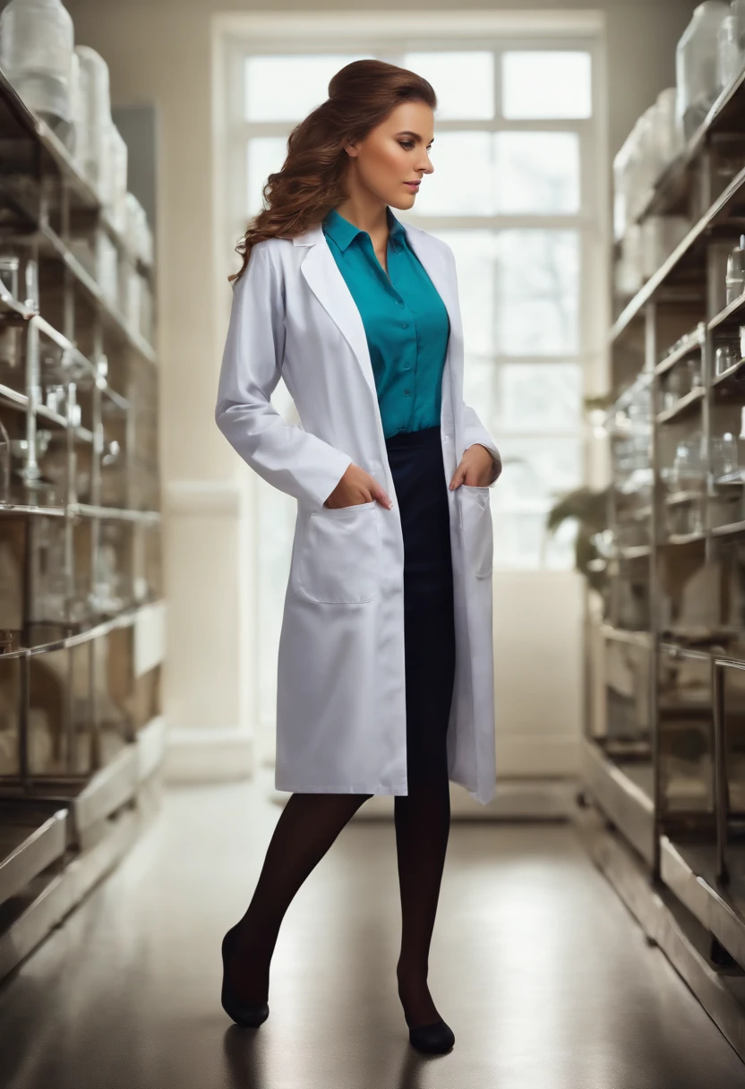 It has horse ears and a tail.、Image of woman in lab coat and tights getting
