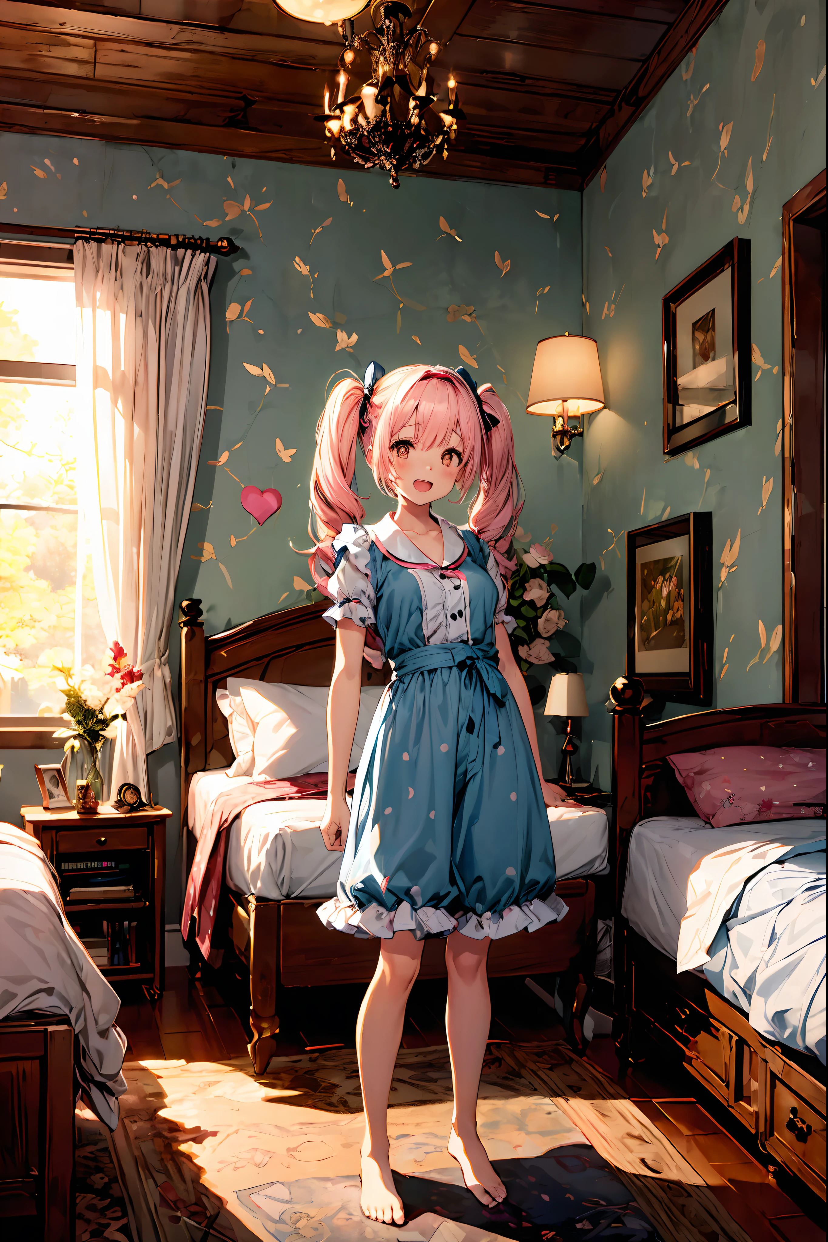 1 beautiful girl, Solo,(Cute:1.5),(Chibi:0.8), (kawaii:1.5),(Lori:0.5), BREAK, (girl, Cute, Cheerful, face, medium breasts:1.2),(Pink hair,disheveled short twin tails,tareme,Gold eyes:1.2),gleaming skin, BREAK, (Alice in Wonderland:1.4), Voluminous panniers below ( bare-legged, Standing, Open_Mouth:1.33), (Orange pajamas, Polka dot pajamas, Sleep wine:1.2),BREAK, (inside in room,Night:1.5),(girl's own room,pink wall paper,a bed,The table,Rooms on the upper floors,A window with a beautiful night view:1.35),Cute,Posing,Look at viewers, Professional Lighting, Physically-based rendering,depth of fields,BREAK, wakame,wakame,wakame,(Highly detailed CG Unity 8k wallpaper), (Best Quality, Very detailed, Colorful, Highest detail), (Best Illustration), (Best Shadow), POV, Realistic lighting and shading, Natural light, Lens flare effect,absurderes, absolutely resolution, unbelievable Ridiculous, hight resolution, ultra-detailliert, Official art, unity 8k, Kinetic Typography Break, (1girl in, Solo:1.4), Dynamic Poses, sale,(Smile with plenty of room:1.1)