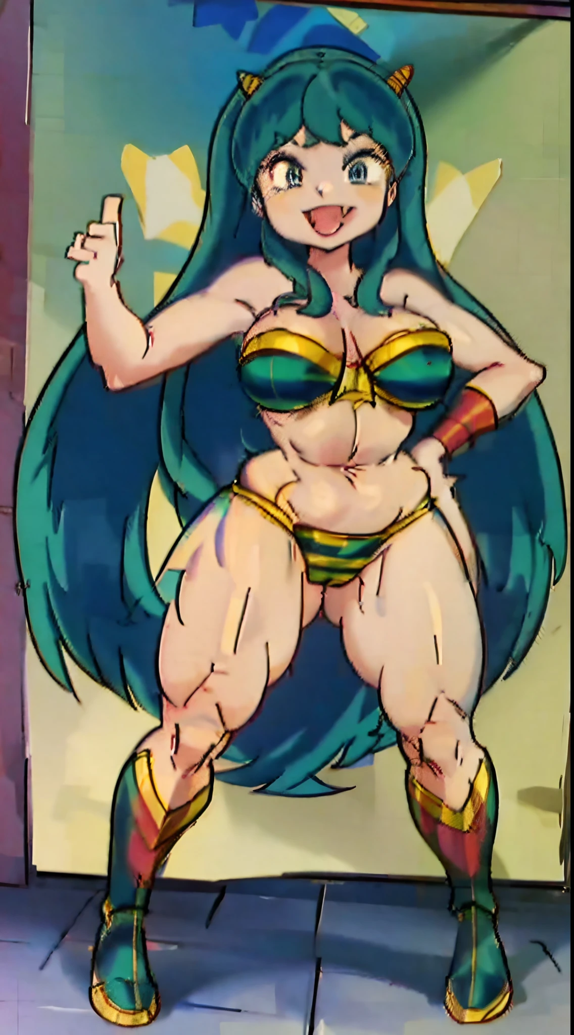 lum, superhero costume,, standing,, boots, oni, smile,, full body, sentai, bikini, horns, curvy, big breast, open mouth teeths, fangs
