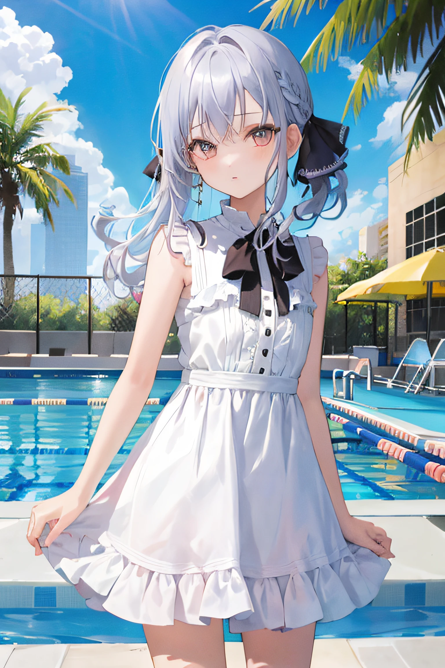 1girl in, (masutepiece:1.1), (Best Quality:1.1), camisole、(in poolside :1.1), Cowboy Shots, silber hair, length hair, , verd s eyes, sideways Facing,