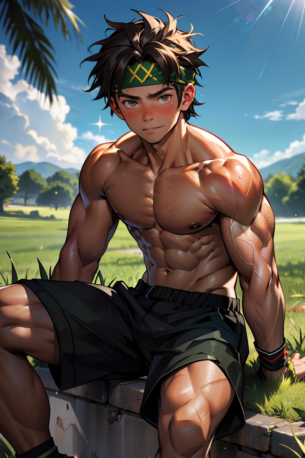 (Masterpiece, Best quality 12 year old boy,Shota), 1boys, Young,Muscular, Short hair, with brown eye, Intricate, Grass, full bodyesbian, Shirtless, Muscles sparkle in the sun,Black shorts, green headband, Vivid colors,(Depth of field:1.2),(Abs),Blush, view the viewer, Sit on grass,