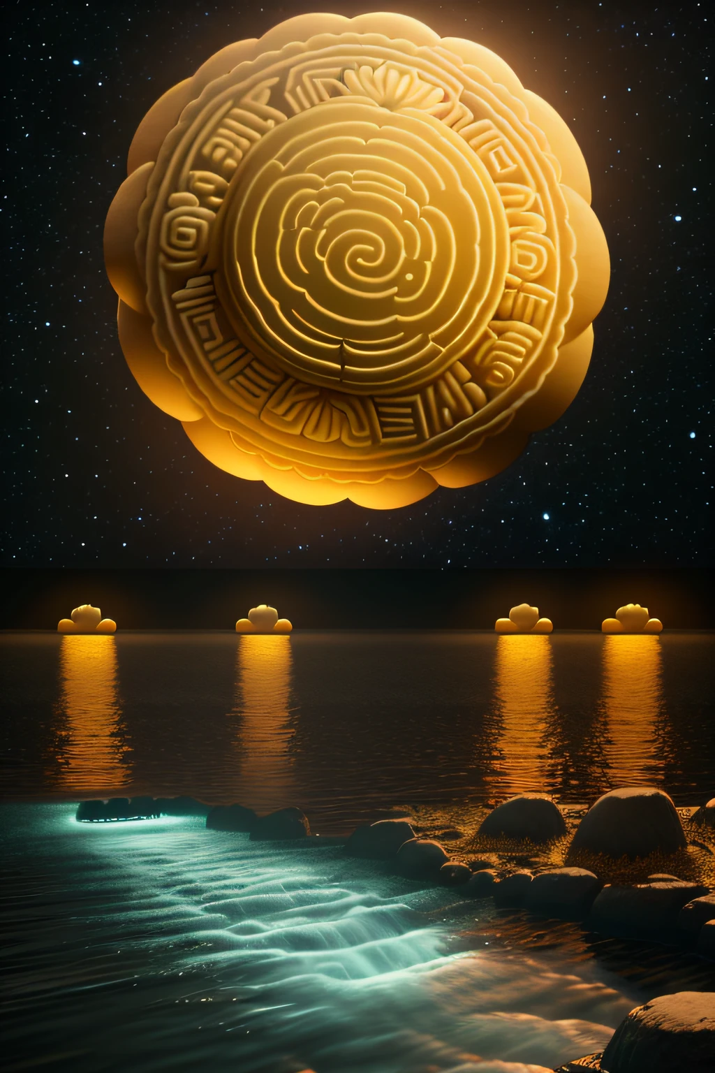 Mooncakes form a creative stage,Scene of a river flowing,Bright moon,best qualtiy,3D modeling rendering,C4D style,wide wide shot,8K,