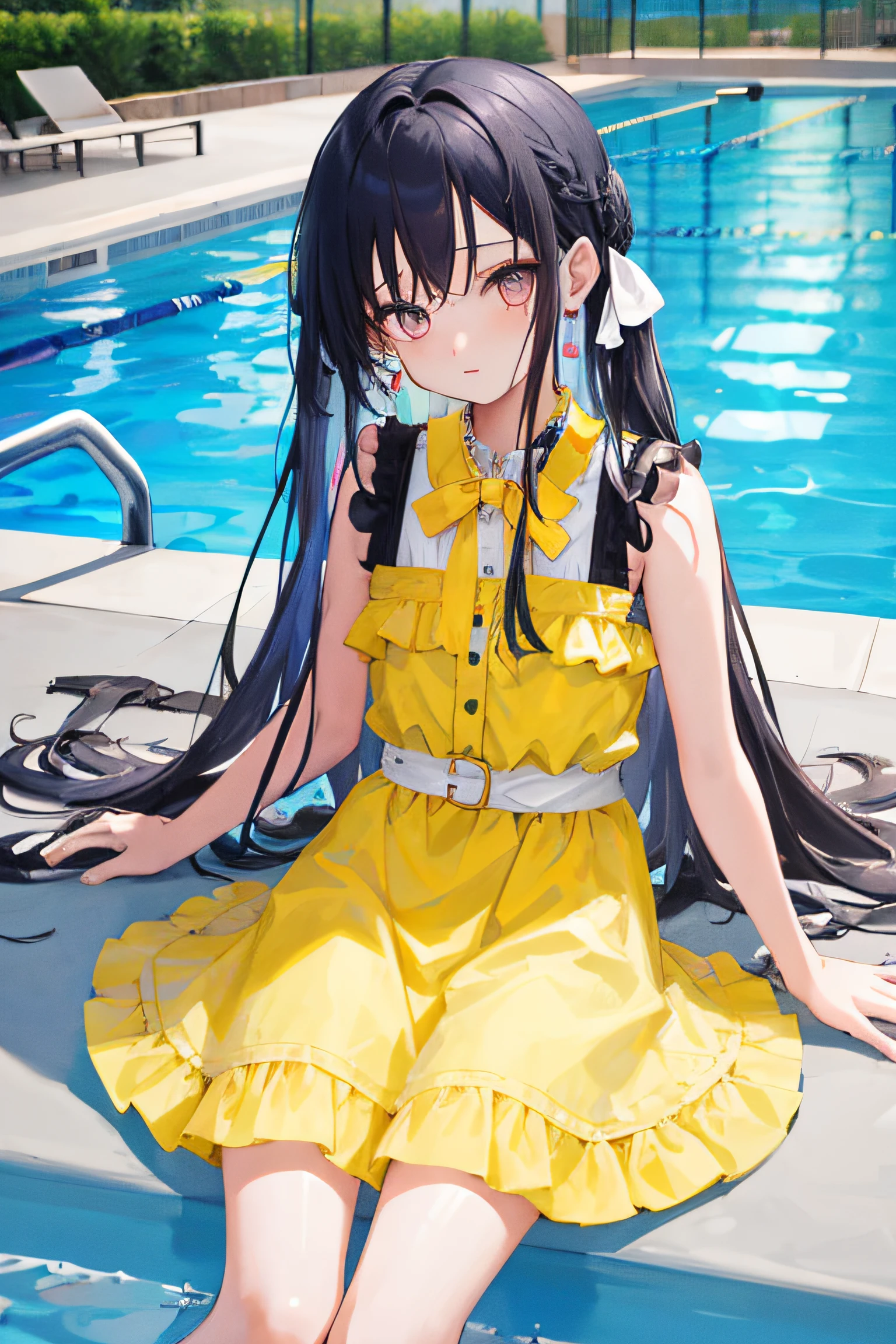 1girl in, (masutepiece:1.1), (Best Quality:1.1), Colorful mini dresses, Sleeveless、(in poolside :1.1), Cowboy Shots, silber hair, length hair, , verd s eyes, sideways Facing,