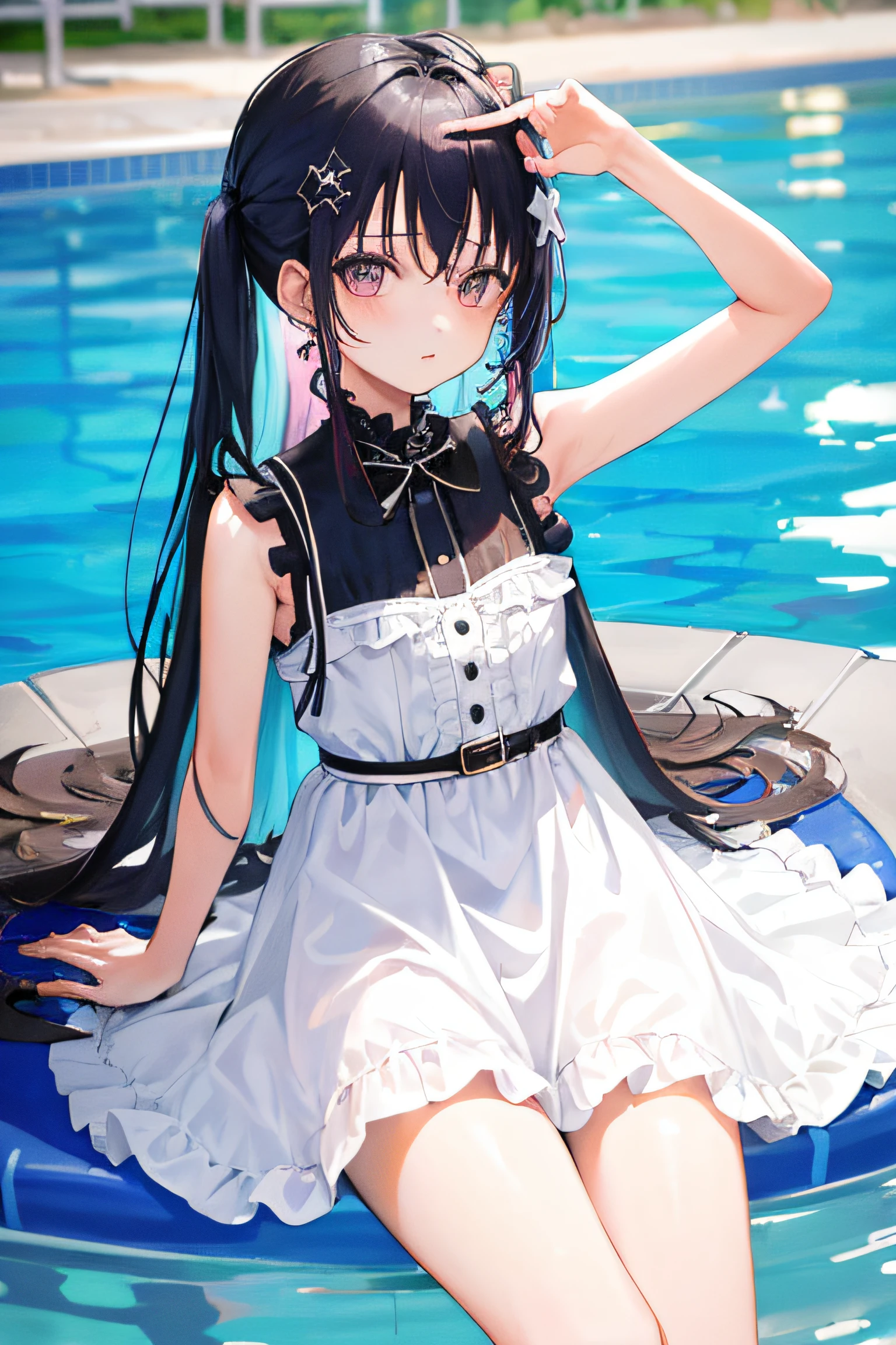 1girl in, (masutepiece:1.1), (Best Quality:1.1), Colorful mini dresses, Sleeveless、(in poolside :1.1), Cowboy Shots, silber hair, length hair, , verd s eyes, sideways Facing,