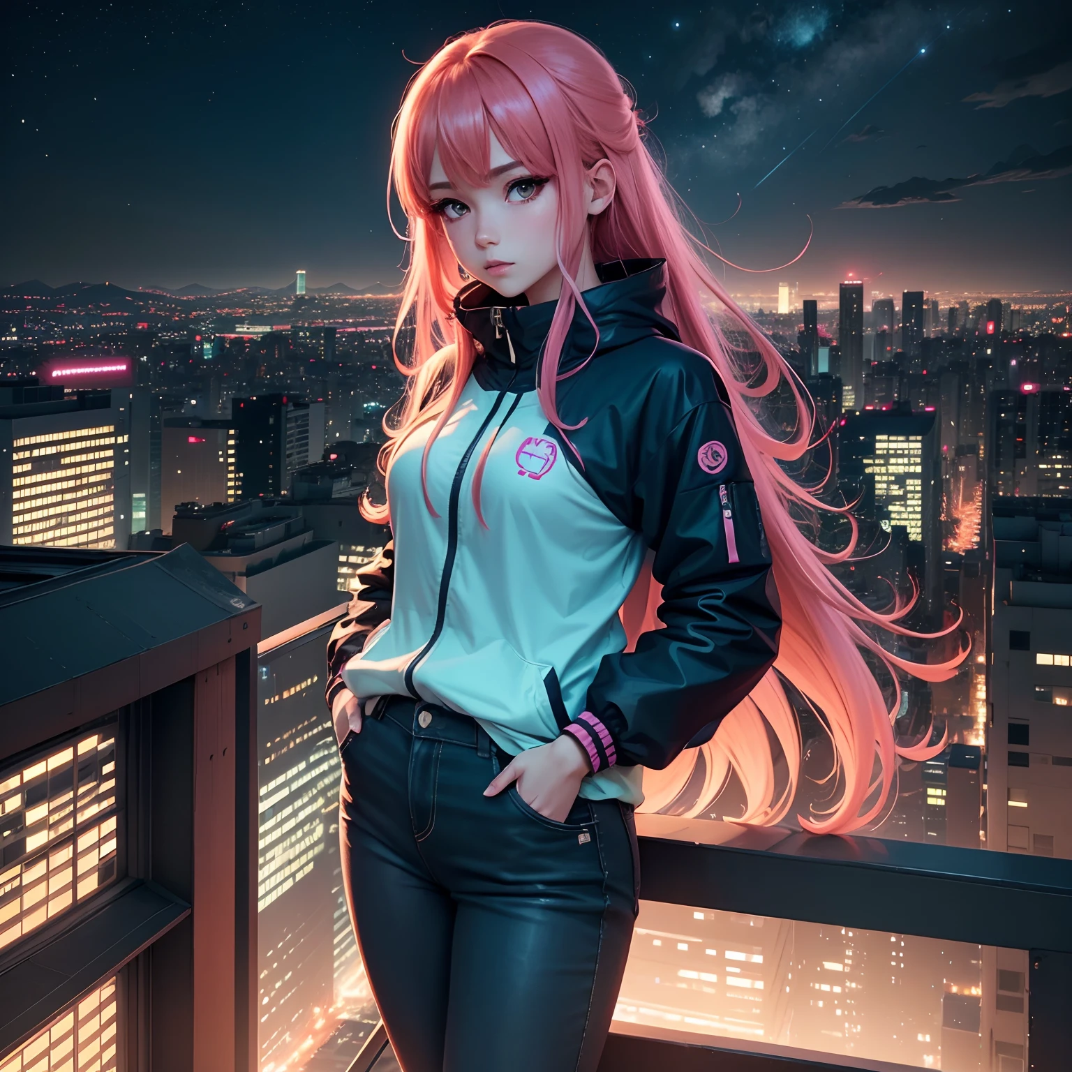 (Best Quality,4k,8K,hight resolution:1.2),Ultra-detailed, A  girl, Vermilion hair, Scarlet hair, fluttering in the wind, looks into the distance, Cyan eyes, Anime style,Full-length view, distant view, Standing aside, hands in pocket,pants,Stylish clothes,sports clothing,Wide windbreaker,Neon Tokyo,View from the roof, View from a high-rise building, roof, urban landscape,night  sky,Stars