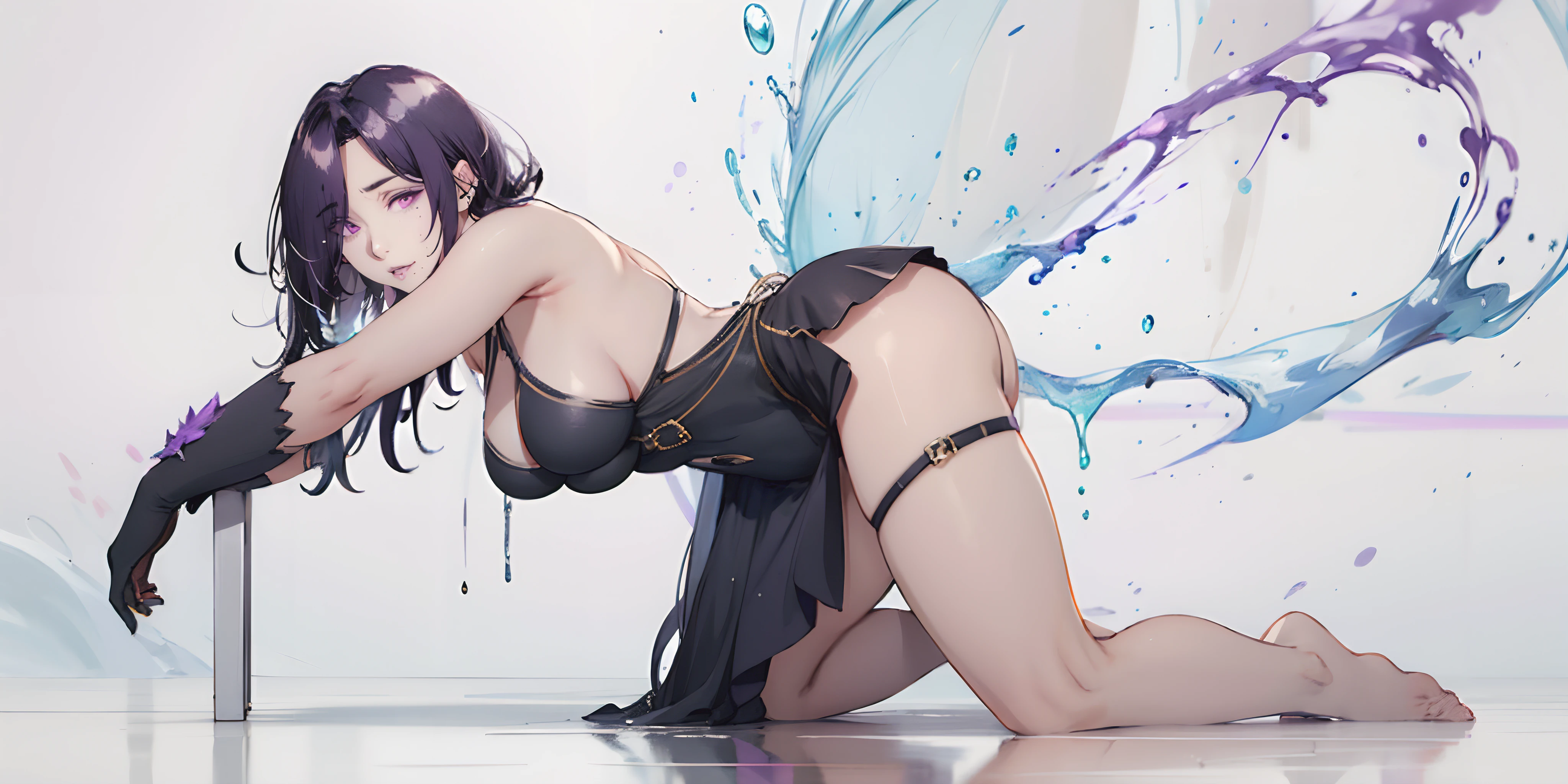 AuroraV4, (dark-purple hair, long hair, hair over one eyes:1.6), glowing eyes, hollow eyes, purple eyes, 1girl, gloves, breasts, solo, looking_at_viewer, elbow_gloves, thighs, ass, black_gloves, bare_shoulders, large_breasts, armpits, parted_lips, armlet, strapless, black_dress, thigh_strap, wet, glow effects, godrays, Hand drawn, render, 8k, octane render, cinema 4d, blender, dark, atmospheric 4k ultra detailed, cinematic, Sharp focus, big depth of field, Masterpiece, colors, 3d octane render, 4k, concept art, trending on artstation, hyperrealistic, Vivid colors, extremely detailed CG unity 8k wallpaper, trending on CGSociety, Intricate, High Detail, dramatic