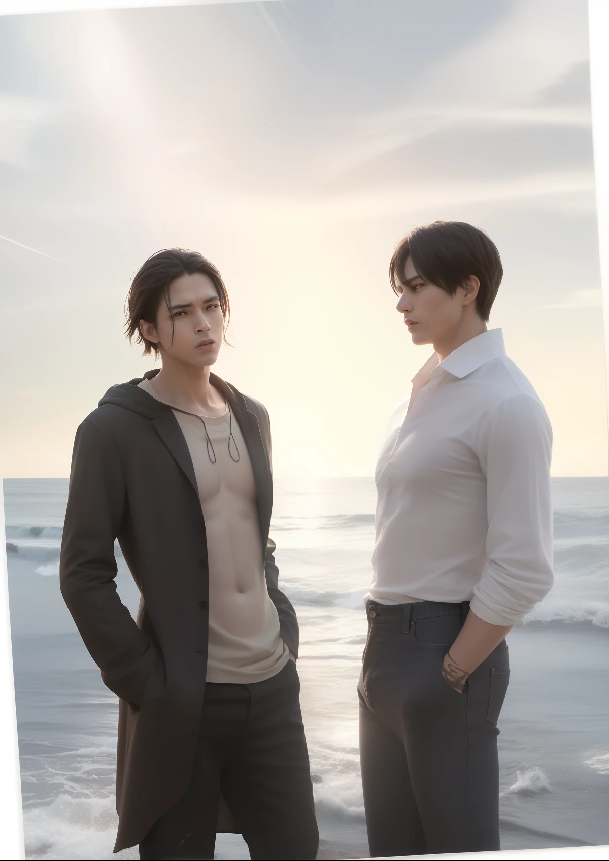 mejor calidad, obra maestra, (realista: 1.2), 1 hombre, Eren Jaeger, vida real, live-action, jeans negros, pantalones negros, brown-hair, ataque en Titan, cabello largo, sunset background, fit body, slim body, high definition, high quality, gigachad