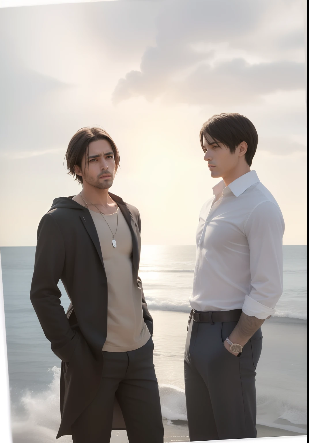 mejor calidad, obra maestra, (realista: 1.2), 1 hombre, Eren Jaeger, vida real, live-action, Vaqueros negros, pantalones negros, brown-hair, ataque en Titan, Cabello largo, Fondo de puesta de sol, Cuerpo en forma, cuerpo delgado, a high definition, alta calidad, GigaChad