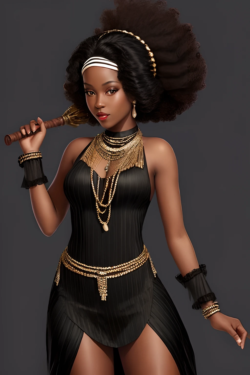 uma mulher negra, mulata, Morena, imagem de ,corpo inteiro, cabelo afro caindo para a frente, Rasta type but braided, Araffe in a flappper suit holding a wand and wearing a headband, melindrosa, Anos 20, fantasia, Traje de alta qualidade, rugindo vinte anos, 1920s vibes, 1 9 2 0 s estilo pano, Era do Jazz, saia preta curta, 1 9 2 0 s estilo, Estilo dos anos 1920