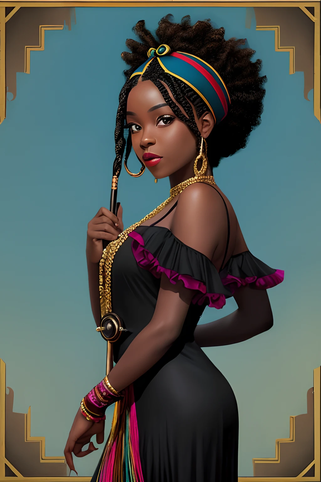 uma mulher negra, mulata, Morena, imagem de ,corpo inteiro, cabelo afro caindo para a frente, Rasta type but braided, Araffe in a flappper suit holding a wand and wearing a headband, melindrosa, Anos 20, fantasia, Traje de alta qualidade, rugindo vinte anos, 1920s vibes, 1 9 2 0 s estilo pano, Era do Jazz, saia preta curta, 1 9 2 0 s estilo, Estilo dos anos 1920