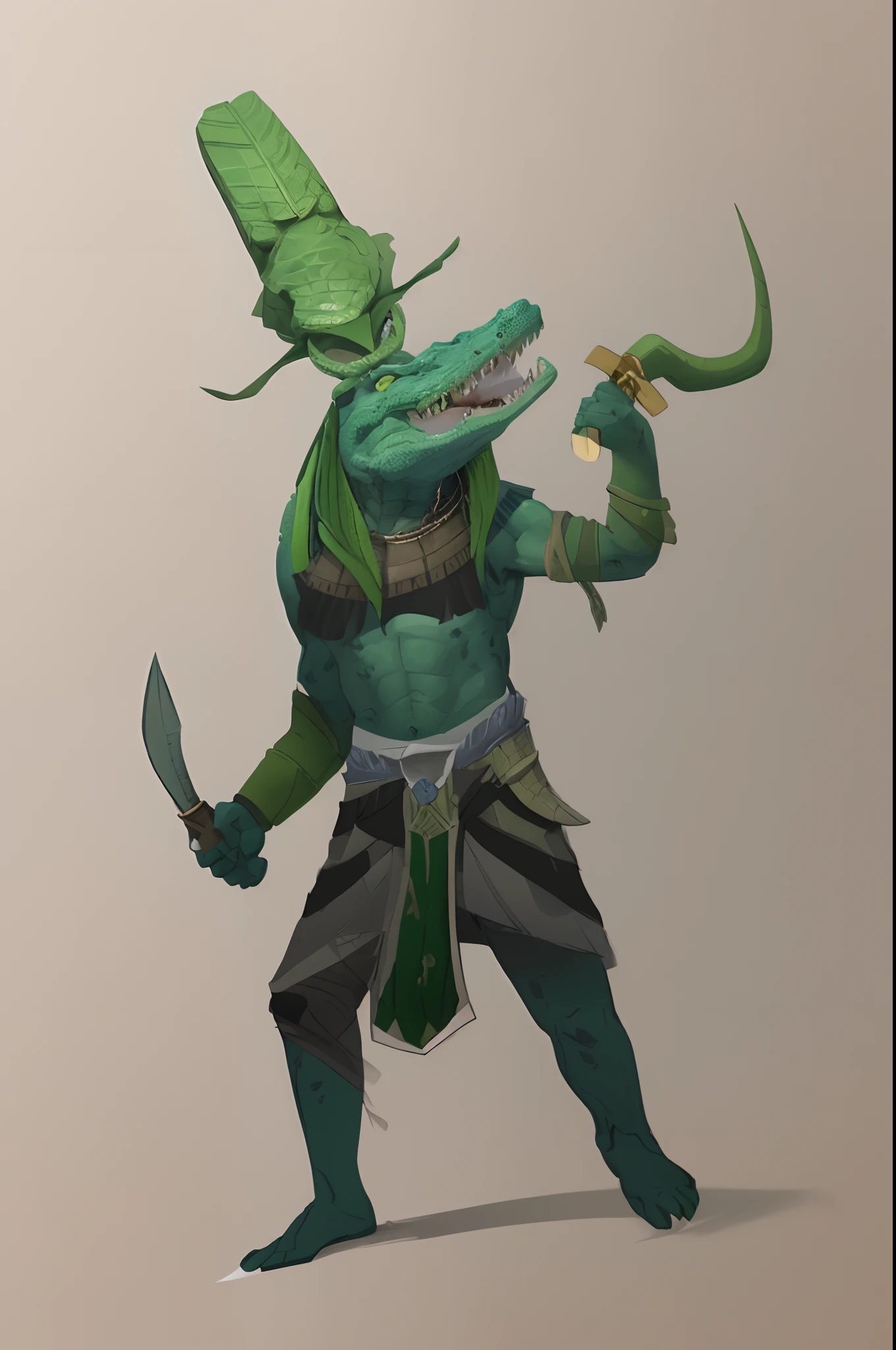 drawing of a man in a hat and a top hat holding a knife, lizardman warrior concept, complex fantasy character, african argonian! body! in full, character design from d & d, dnd character, crocodile loki, dnd character concept, alligator shaman, kobold, character design sketch, anthro lizard, as a dnd character, reptilian warrior