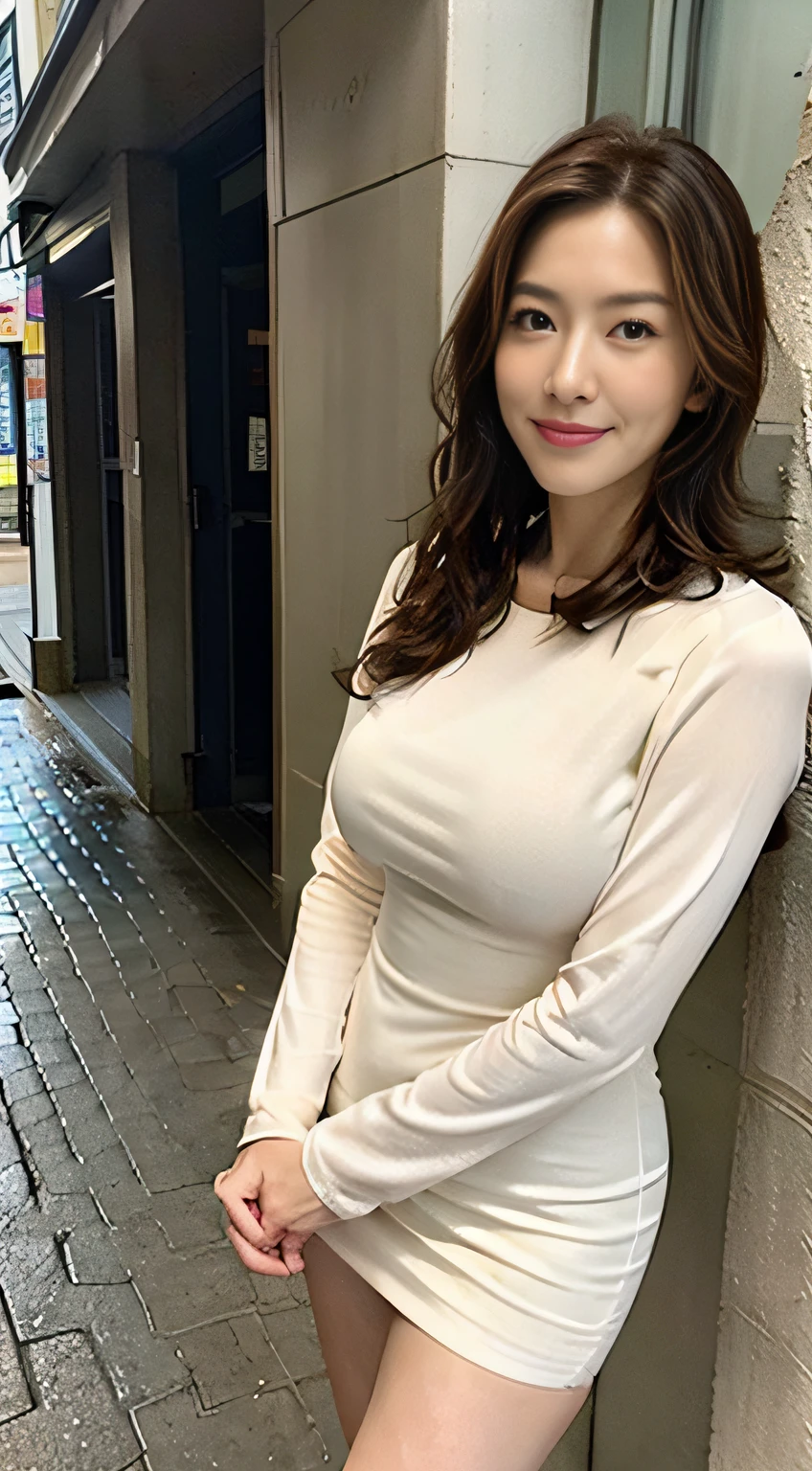 ((中景 the scene is、Two-thirds of the body standing))top-quality、tmasterpiece、超A high resolution、(Photorealsitic:1.4)、A Japanese lady、48-year-old woman,ssmile,Wavy brunette hair、Silk、Sexy tight long sleeve crewneck dress(huge boob:1.4)、standing on your feet:1.2,Lively streets,Get wet,Slightly chubby body:1.2,Straight body,Slightly chubby face:1.2,Wrinkles at the corners of the eyes,There are wrinkles at the corners of the mouth,perfect bodies,