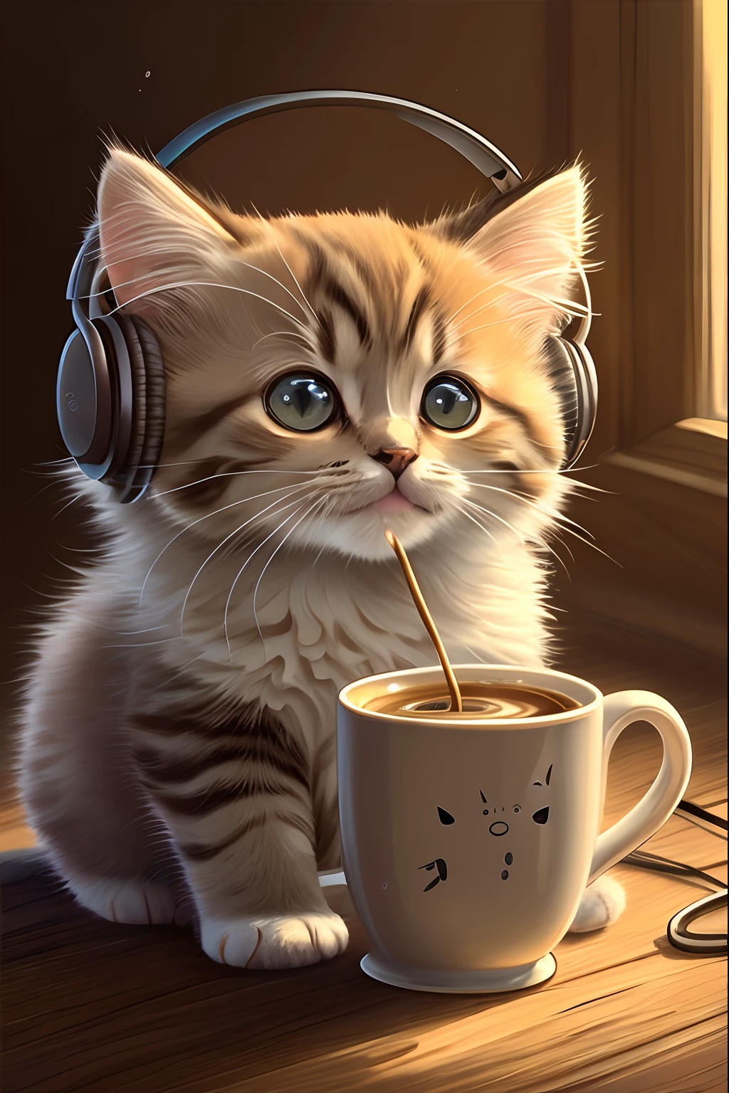 Draw a kitten with headphones on，Drink coffee from the cup, lovely digital painting, Cute detailed digital art, adorable digital art, cute detailed artwork, a cat sipping coffee, cute artwork, Cute cat, Cute kitten, Cuteness, furry artist, anime visual of a cute cat, Cute, adolable, cute cute, the cat is drinking tea, Beautiful digital artwork