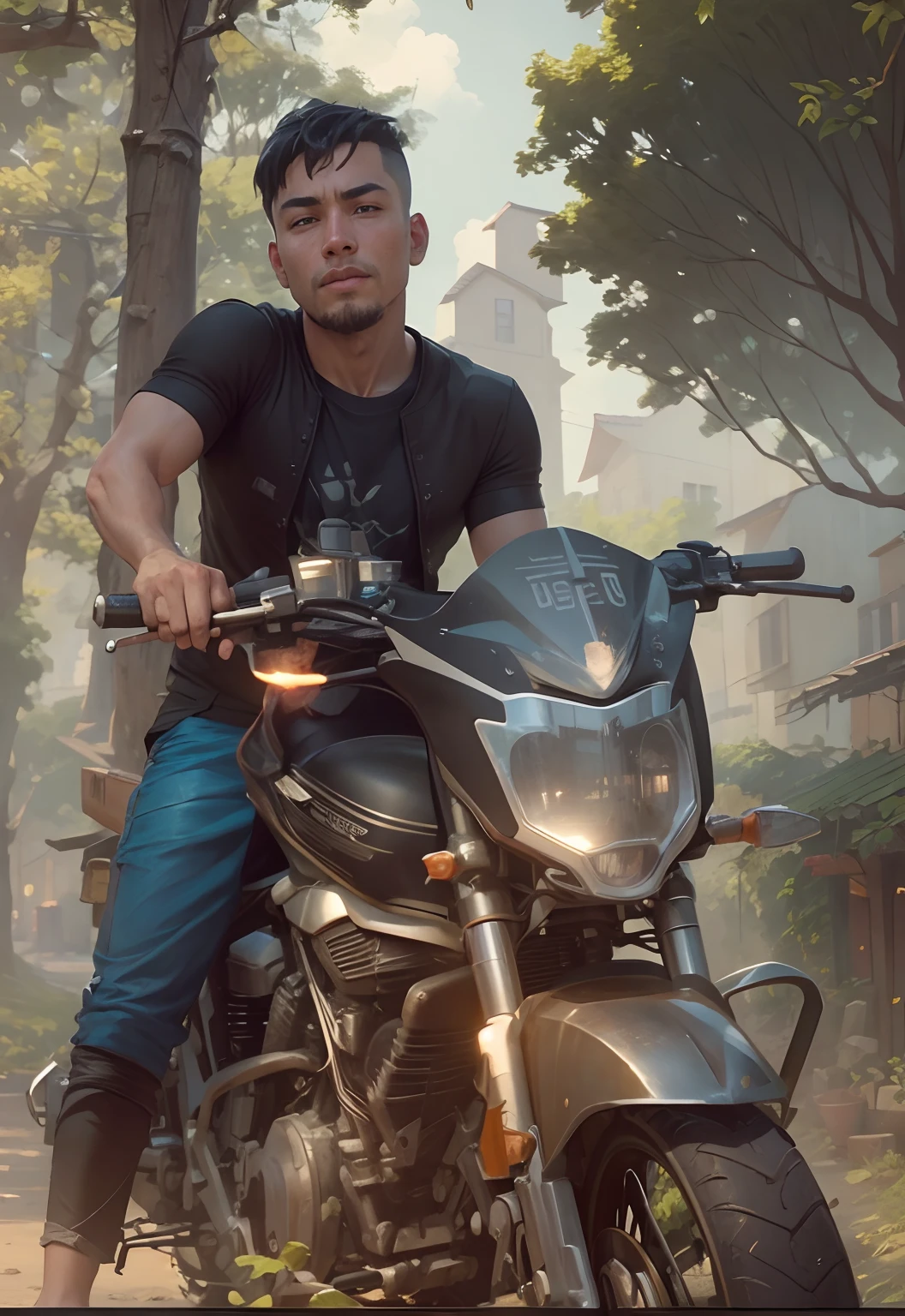 Change background in village type, best village type background, change bike to cyberpunk bike realistic, change boy to handsome boy realistic and not change boy hair, 8k, ultra realistic