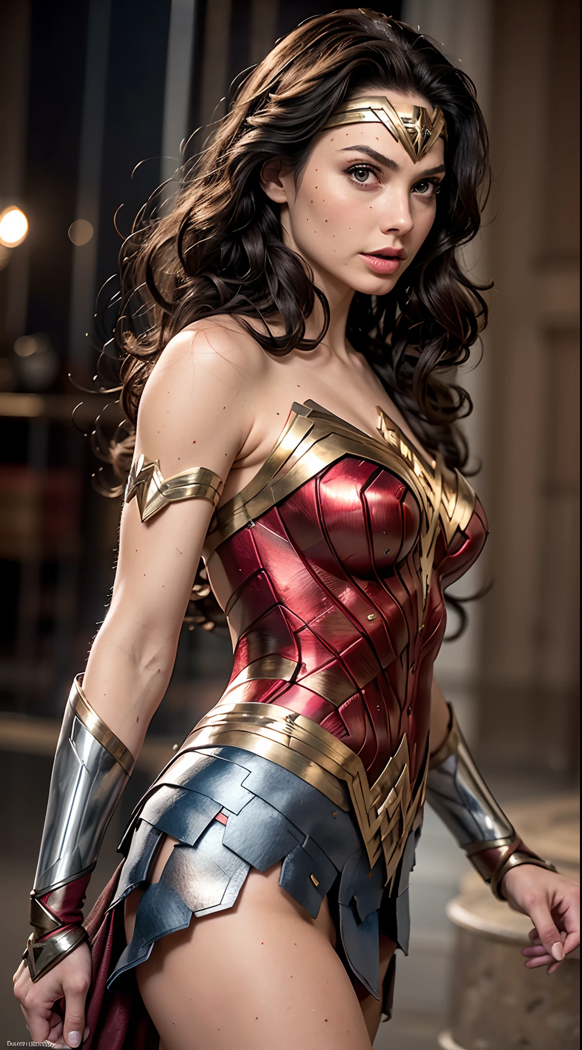 (ultra quality, master part, 8K, ultra detaild, wall-paper)), 1womanl ( Wonder Woman, GAL GADOT), I am, Beautiful, bright expressive eyes, Breasts huge, face detailed, lingerie ( terno de lingerie Wonder Woman) Selfie, giorno, building terrace