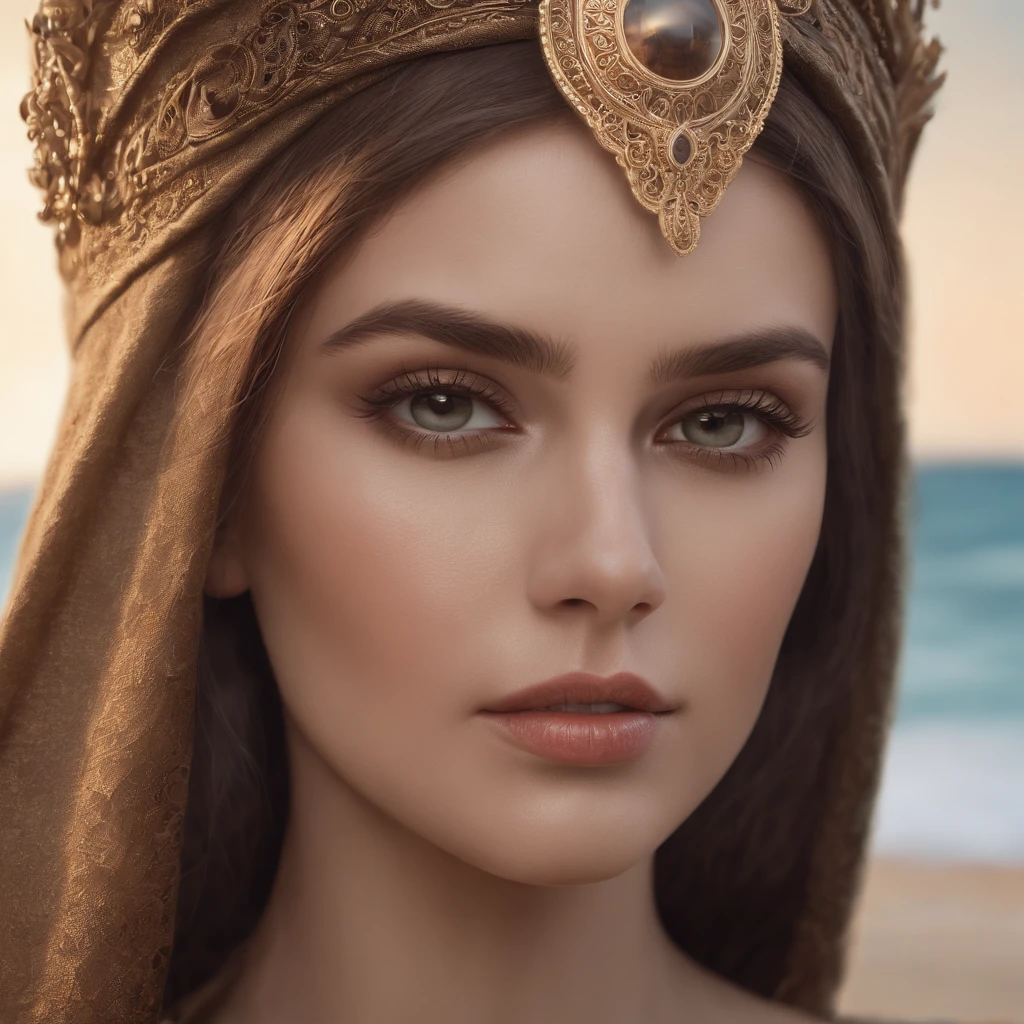 Waist high Portrait of an exotic beautiful caucasian woman wearing trendy clothing at a beach, perfect detailed face, detailed symmetric hazel eyes with circular iris, realistic, stunning realistic photograph, 3d render, octane render, intricately detailed, cinematic, trending on artstation, Isometric, Centered hipereallistic cover photo, awesome full color, hand drawn, dark, gritty, mucha, klimt, erte 12k, high definition, cinematic, neoprene, behance contest winner, portrait featured on unsplash, stylized digital art, smooth, ultra high definition, 8k, unreal engine 5, ultra sharp focus, intricate artwork masterpiece, ominous, epic, Tanvir Tamim, trending on art station, by art germ, h. r. giger and beksinski, highly detailed, vibrant