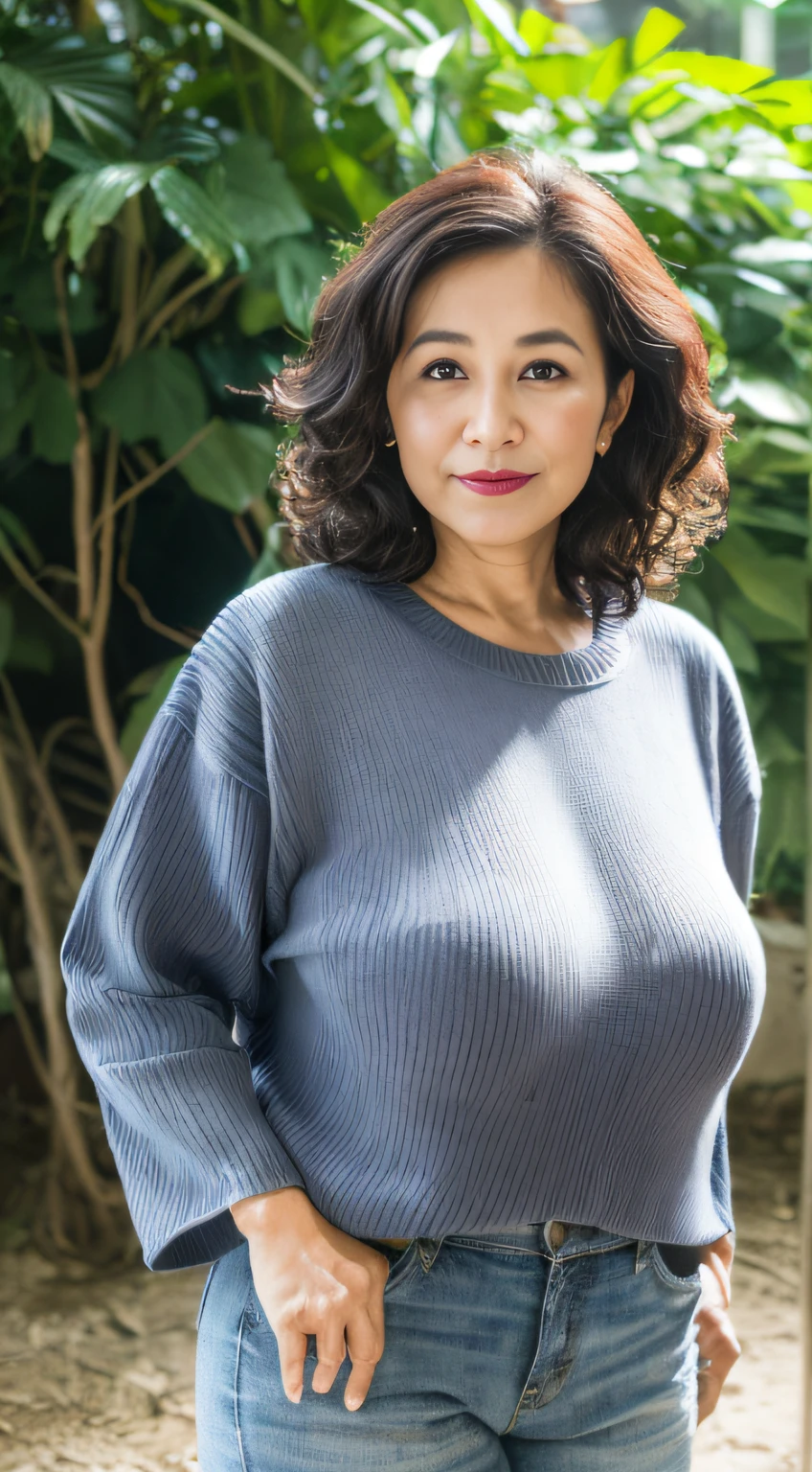 ((Best quality, 8K, Masterpiece, Portrait: 1.3)), (View viewers), Photorealism, Sharp focus, Solo, The Moro Islamic Liberation Front of Japan, Beauty,Wavy hair, Wrinkles at the corners of the eyes, to emphasize, ((Big breasts:1.3))),,30 years old, curlies, Wrinkled eyes, (Sweaters, standing on your feet:1.2),