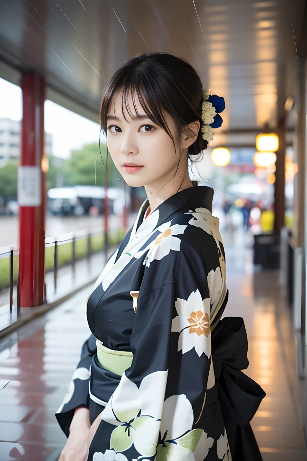 ((top-quality、​masterpiece、photographrealistic:1.4、in 8K))、beautiful japanese female１a person、２5years old、beautiful hairl、delicate and beautiful face、Eyes and faces with detailed 、Beautiful lighting、Embarrassed face、Textured skin、Super Detail、high detailing、High quality、hight resolution、(The kimono is wet from the rain:1.3)、bangss、full body Esbian、(rain is falling:1.2)、Japan Bus Station、wet