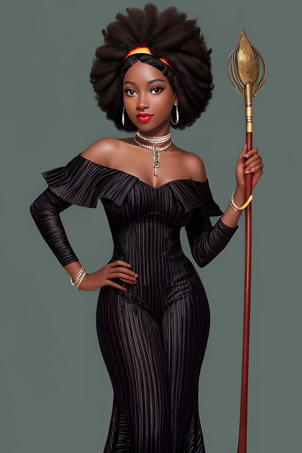 uma mulher negra, mulata, Morena, imagem de ,corpo inteiro, cabelo afro caindo para a frente, Rasta type but braided, Araffe in a flappper suit holding a wand and wearing a headband, melindrosa, Anos 20, fantasia, Traje de alta qualidade, rugindo vinte anos, 1920s vibes, 1 9 2 0 s estilo pano, Era do Jazz, saia preta curta, 1 9 2 0 s estilo, Estilo dos anos 1920