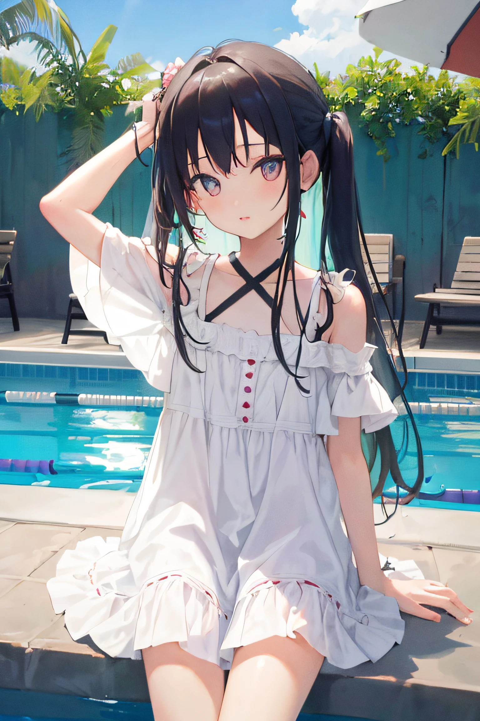 1girl in, (masutepiece:1.1), (Best Quality:1.1), camisole、(in poolside :1.1), Cowboy Shots, silber hair, length hair, , verd s eyes, sideways Facing,