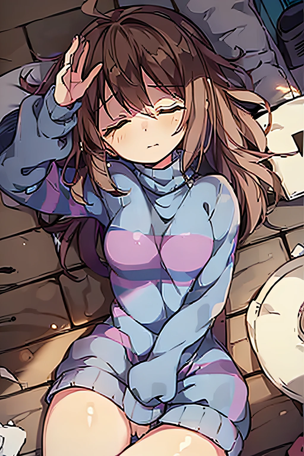 1girl ,Fresh Drymurr /Undertale/, hiquality, blue sweater, stripe, Bangs, covered eyes, full - body, brown hair, striped, Lying on a white bed, bare feet, straight bare legs, Sleeping, Sexy, medium boobs, pink panties, rear angle, laying sleep, laying sleeping