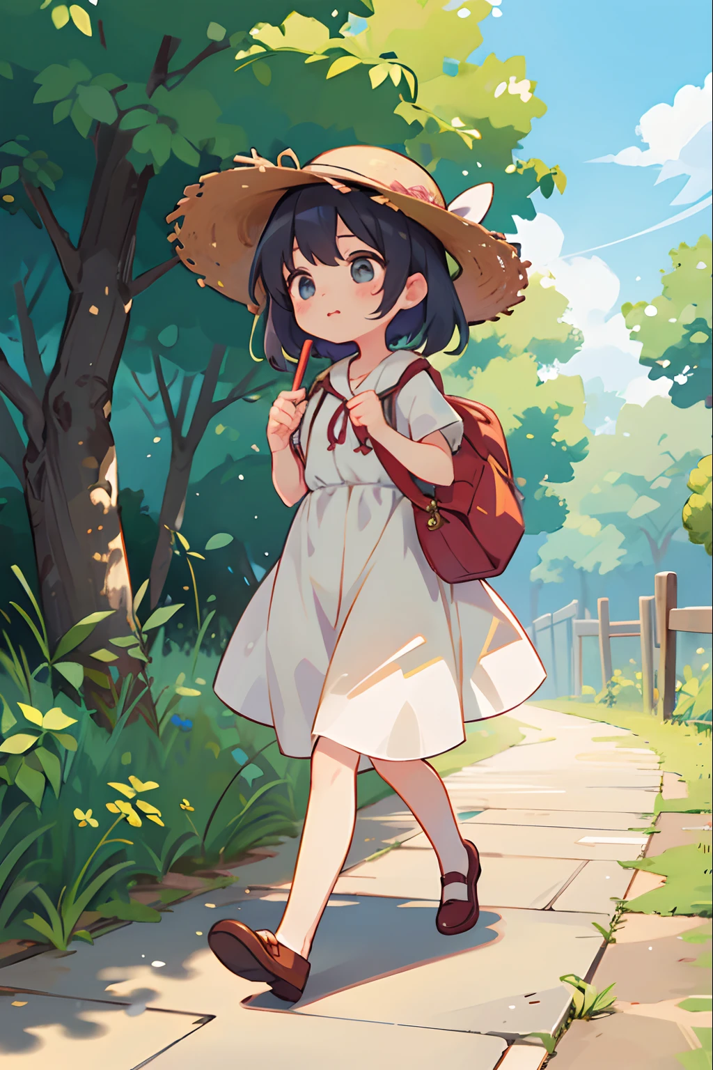 Girl dressed to go on an adventure、bustup、Walking while humming、Looks like a lot of fun、Wearing a straw hat、I skipped