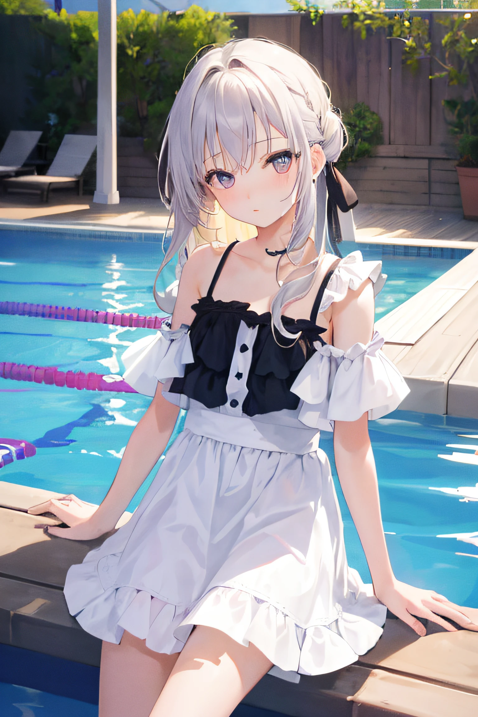 1girl in, (masutepiece:1.1), (Best Quality:1.1), camisole、(in poolside :1.1), Cowboy Shots, silber hair, length hair, , verd s eyes, sideways Facing,