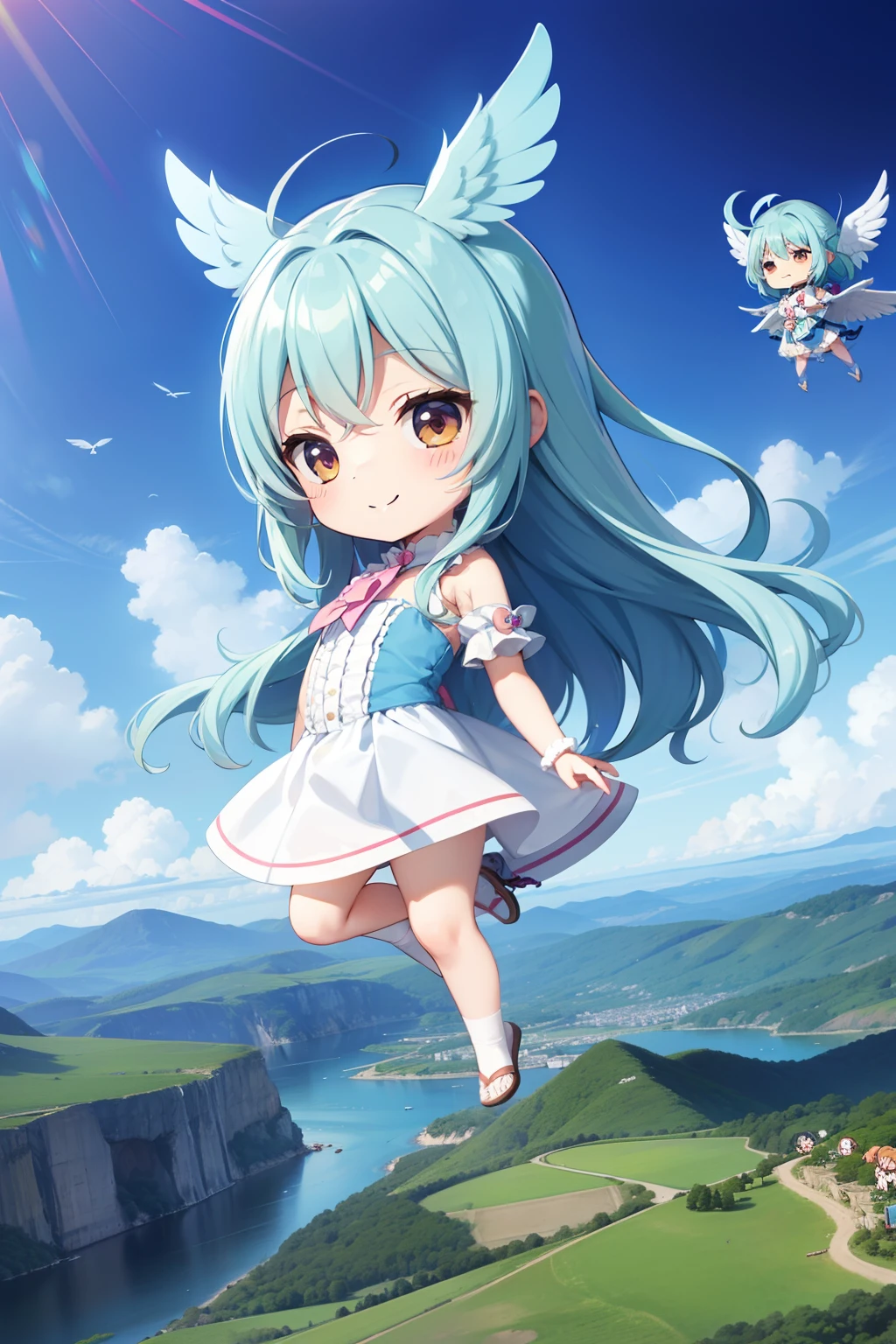 angelicales　Chibichara　large wings on the back、Flying comfortably in the sky　adorable smiling　long hair with blue hair((Chibi Chara))、Fluffy、girl with、Chibi Chara、full body Esbian、angel costume、Pastel colors hair、masutepiece、top-quality、Vast landscape in the background(a picture)
