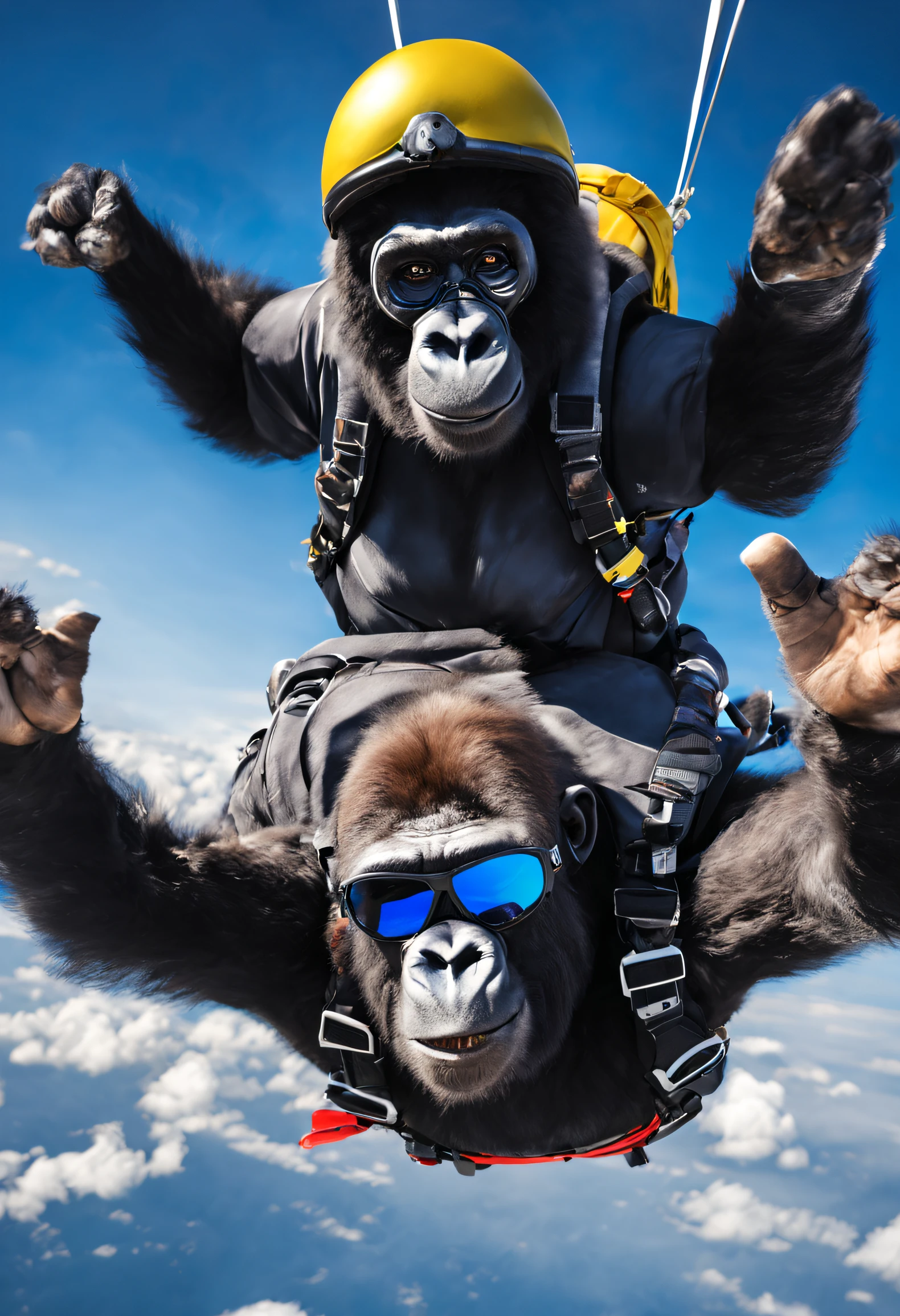 skydiving、Only one gorilla、The gorilla is the main character、Tiere、Gorilla in sunglasses、Handsome gorilla、immersive、helicopter、Beautiful blue sky、Angle from below、selfee、An ultra-high picture quality