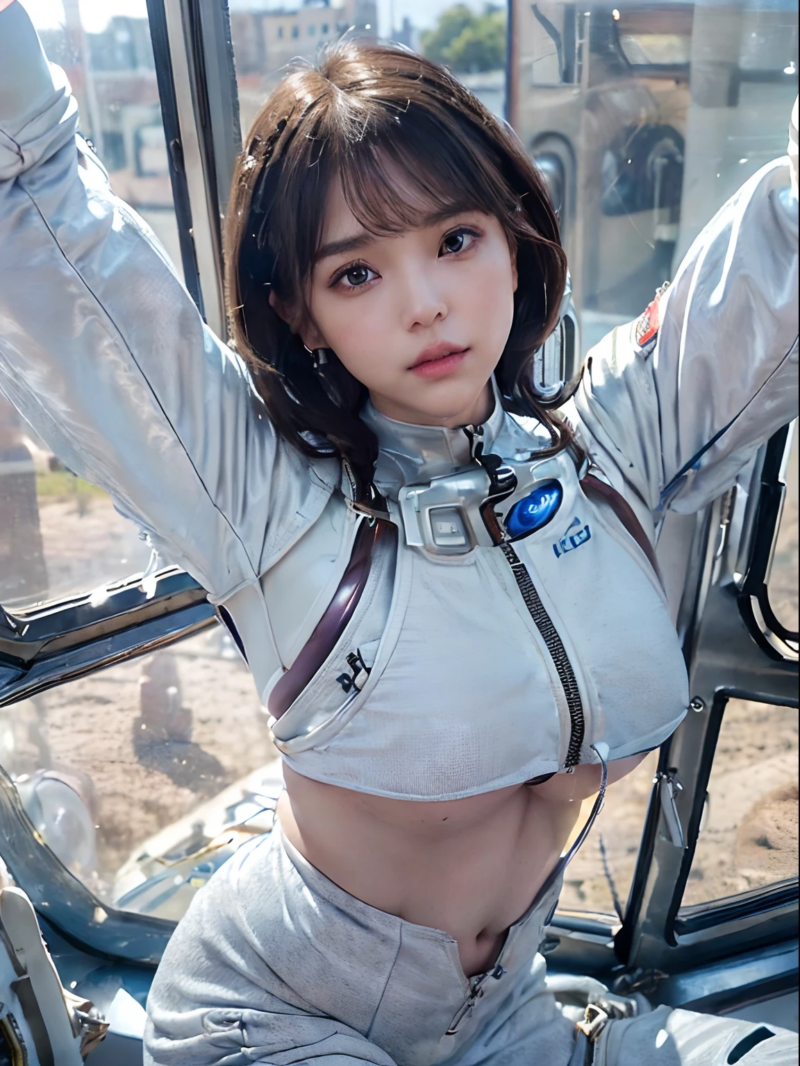(1 female:1.7)、Light Brown Fringe Hair、Braided hair、disheveled hair、Light brown eyes、(Provocative facial expressions)、(rounded bursting chest:1.4)、(Emphasize the valley:1.4)、(underboob:1.1)、Photorealsitic、(Shadow:1.1)、(intricate detailes:1.2)、(masutepiece、:1.3)、(top-quality:1.4)、(超A high resolution:1.2)、超A high resolution、(A detailed eye)、(Detailed eyebrows)、(A detailed eye)、(Detailed mouth)、(Detailed ears)、(detailed facial features)、Bangs, Very beautiful female android, (Curve:1.4), ((Spacesuit over tube bikini)、(Fully zippered from neck to inseam of clothes):1.45), (Dancing:1.4), ((Inside the spaceship:1.4), (Outside the window is the universe and one blue earth:1.4)),