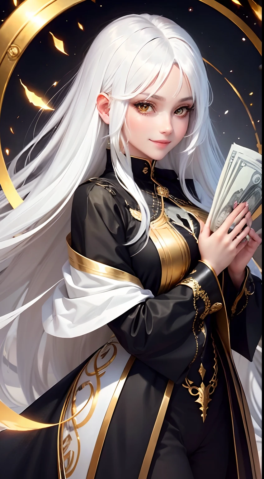 best quality, white hair, gold eyes, black clothes, hair strand, Fair skin, smiling, money