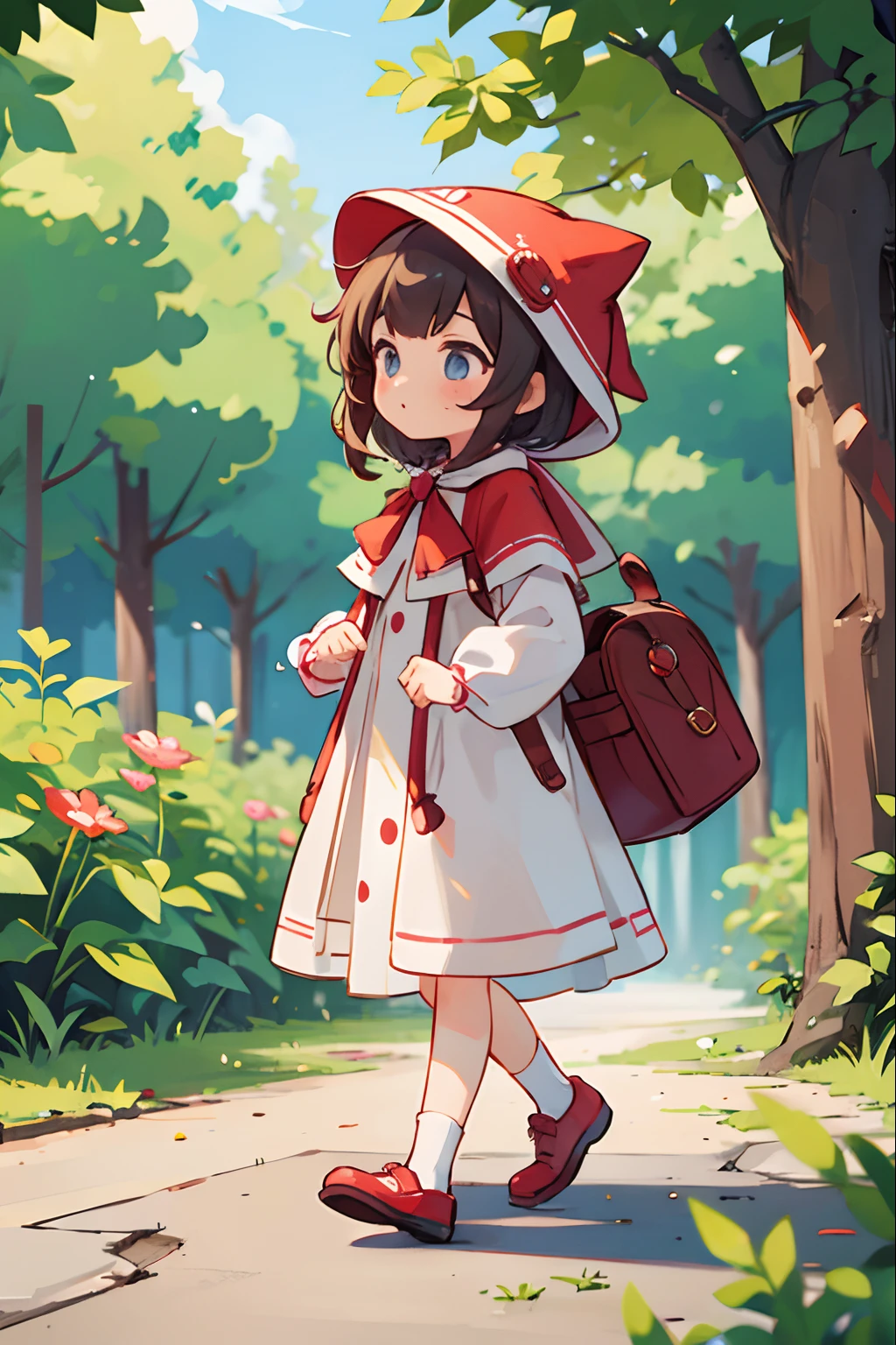 Girl dressed to go on an adventure、Dressed as Little Red Riding Hood、bustup、Walking while humming、Looks like a lot of fun、