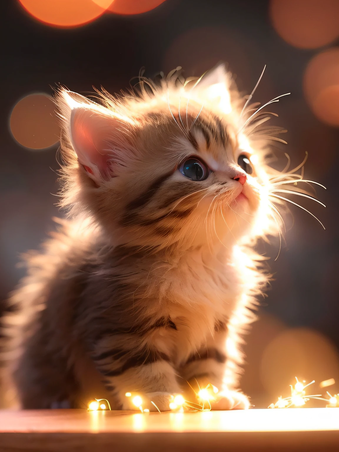 There was a kitten sitting on the table,There are a lot of lights, lovely digital painting, adorable digital art, Cute detailed digital art, Cute kitten, a cute little cat, Beautiful and cute, Cute cat, cute cute, the cutest kitten ever, fluffy full of light, miniature kitten, cute cute, Adorable, cute artwork, ultra-realistic picture, Beautiful digital artwork