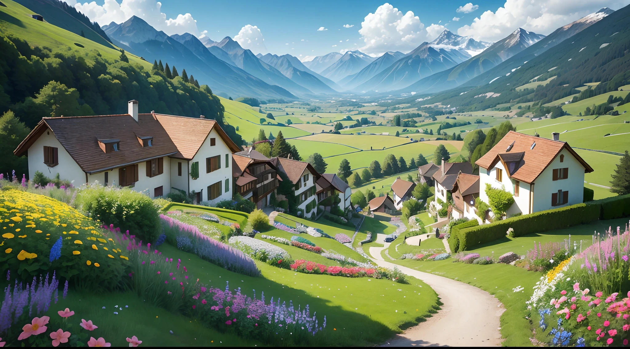Peaceful and idyllic countryside, Rolling green hills dotted with grazing sheep, Charming villa,Set amidst vibrant flowers, Clear blue sky overhead, Evokes a sense of peace and simplicity, Valle encantador, switzerland, patches of green fields, lush countryside, Valle exuberante,An idyllic village in Milan,,verdant green fields,above a village,Rolling terraces,Colorful garden of flowers and plants,Alpine scenery in the Swiss countryside under the Alps,Carl Sessel Bern,Majestic nature, Swiss architecture, lindo cenario, rios,waterfallr